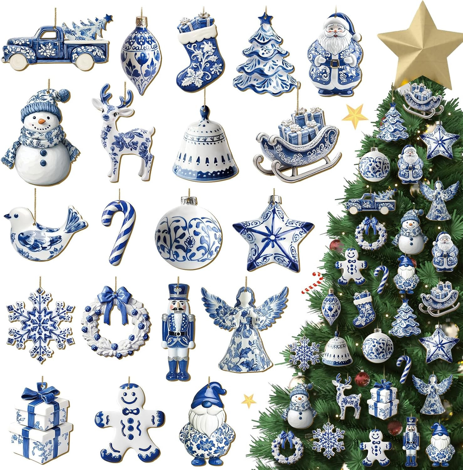 40 Pcs Christmas Chinoiserie Ornaments Blue and White Porcelain Wooden