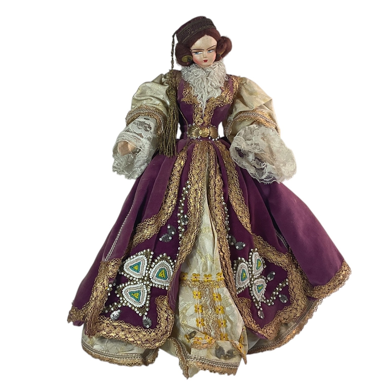 Vintage European Greek Amalia Style Royal Costume Doll 14.5” Velvet Beaded
