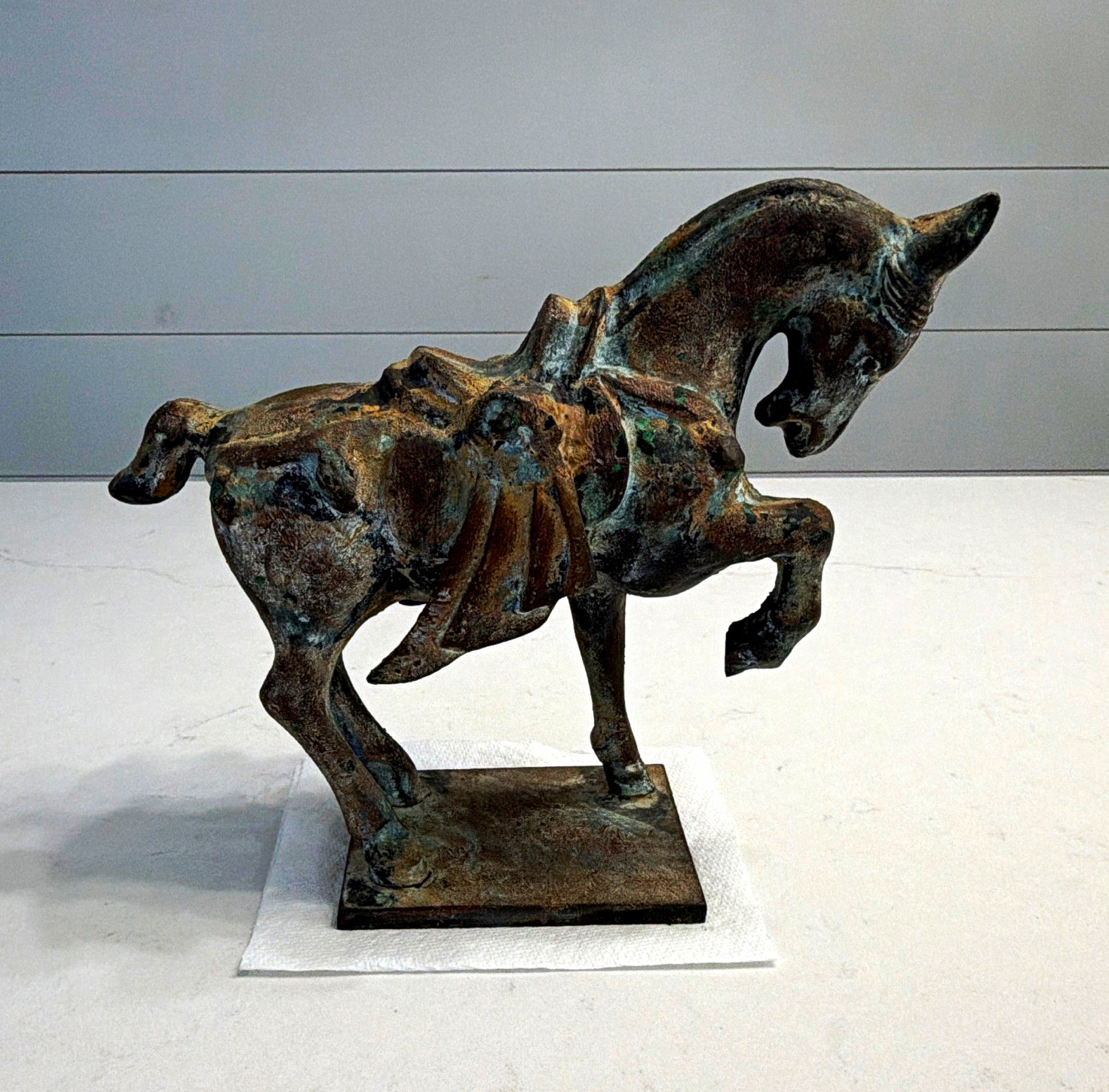 Vintage Tang Style Chinese Horse Sculpture Cast Metal Verdigris Patina 9” tall Vintage Tang Style Chinese Horse Sculpture Cast Metal Verdigris Patina 9” tall