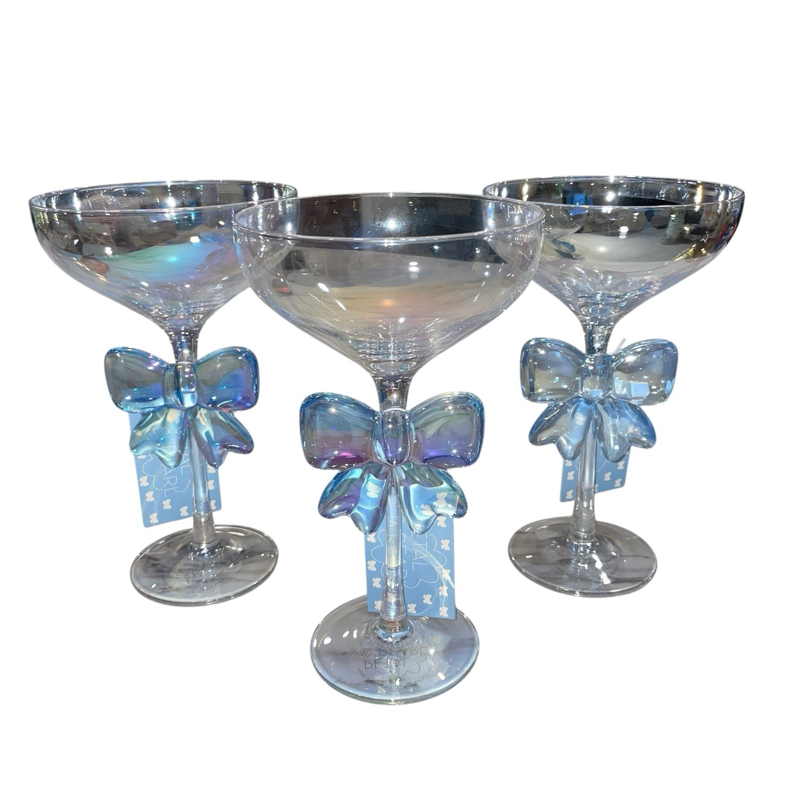 NEW Blue Bow Iridescent Cocktail Glass Set 3 Martini Margherita Petal & Pearl