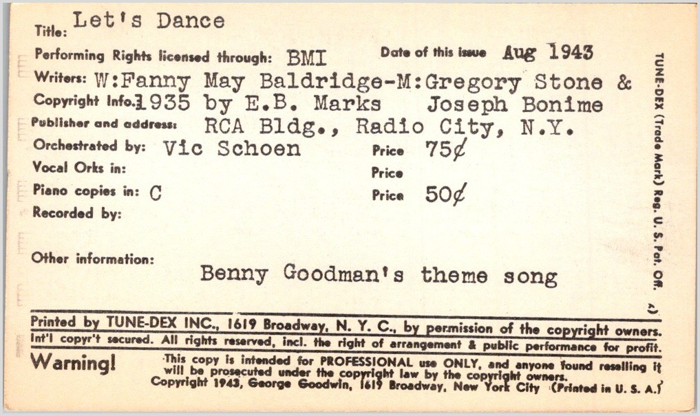 Tune-Dex Card Let\'s Dance Benny Goodman Theme Song 1943 Big Band Musician Tool
