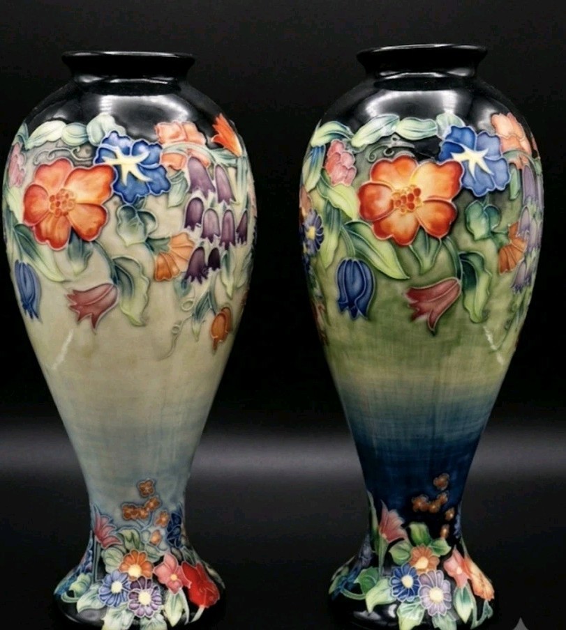 A Pair Vtg Old Tupton Art Nouveau Raised Flowers Majolica Pottery Vase Marked