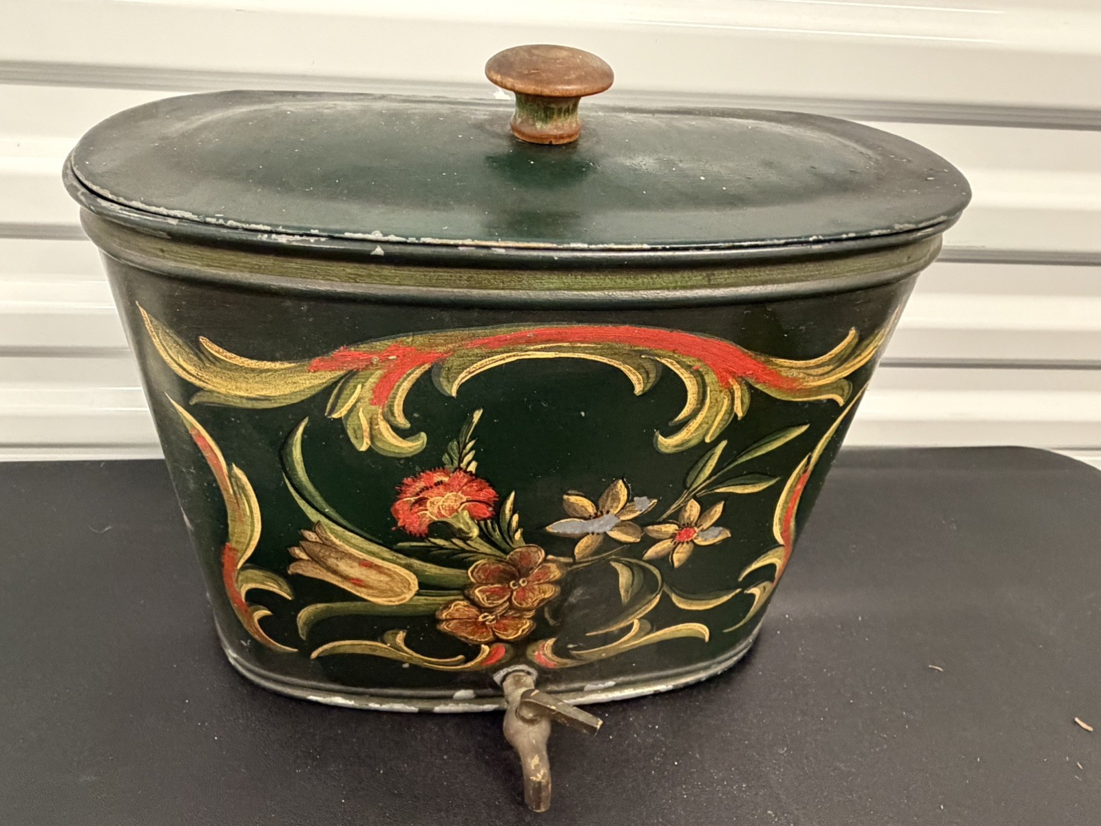 Vintage Metal Lavabo Water Tank - Green/ Tole Painted flowers 