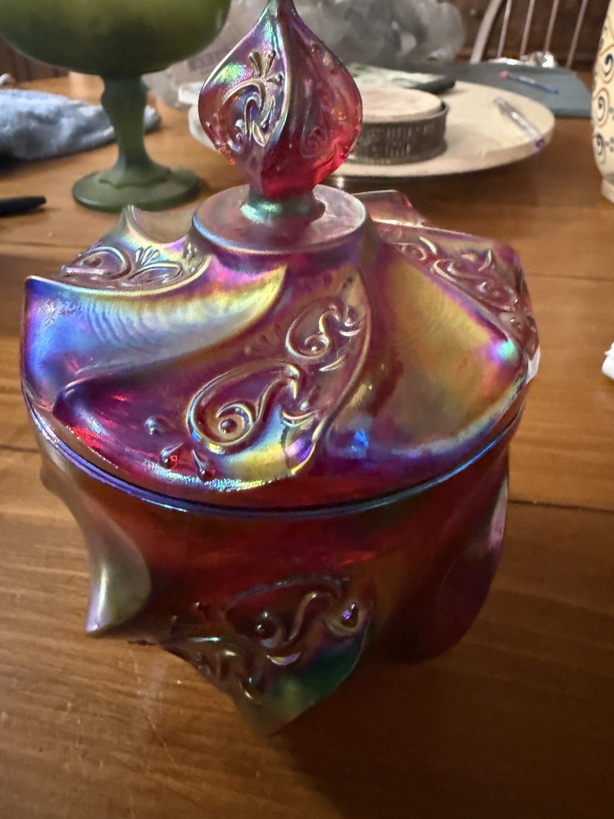 Fenton Paisley Pattern Red Carnival Glass Candy Dish/Matching Lid Excellent