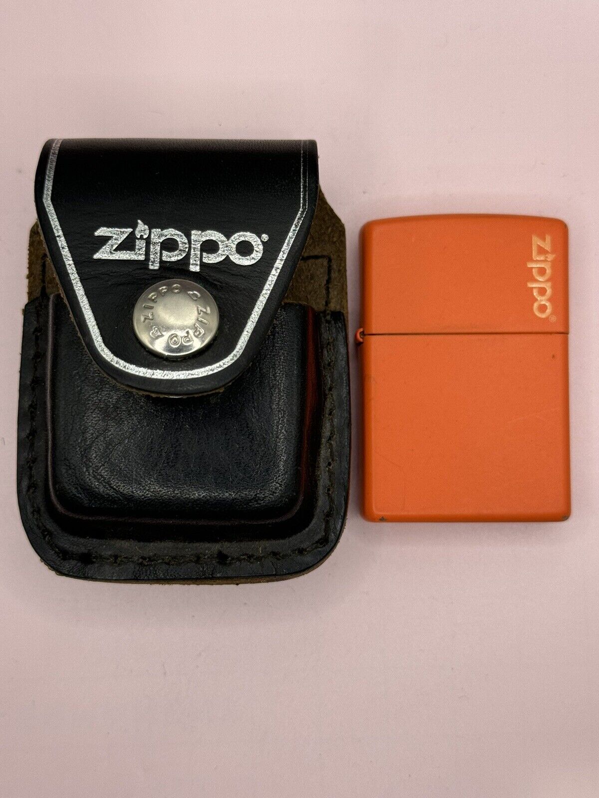 Vintage 2001 Orange Matte Zippo Lighter & Black Leather Zippo Pouch