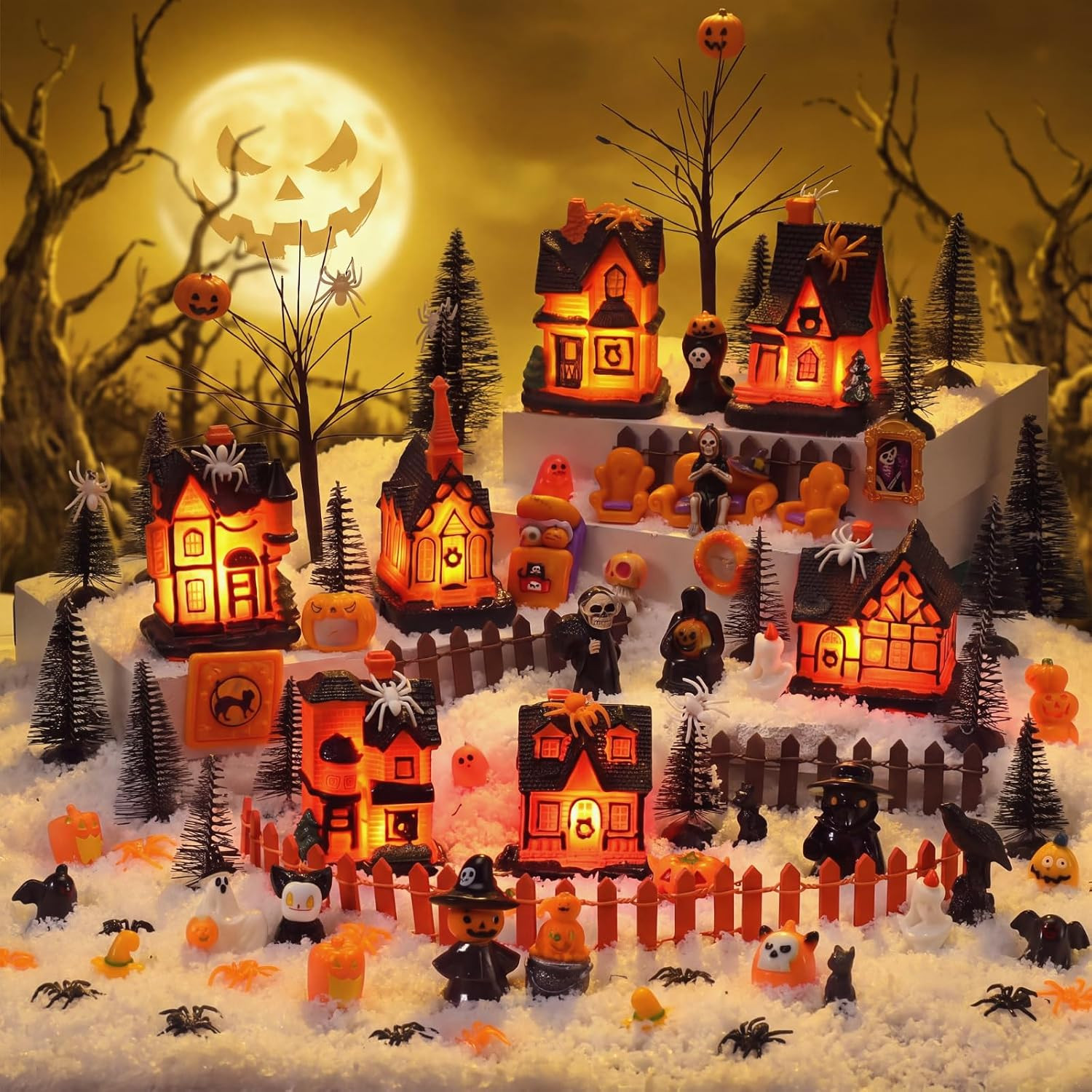 88 Pcs Lighted Halloween Village Accessories Set, Orange 7