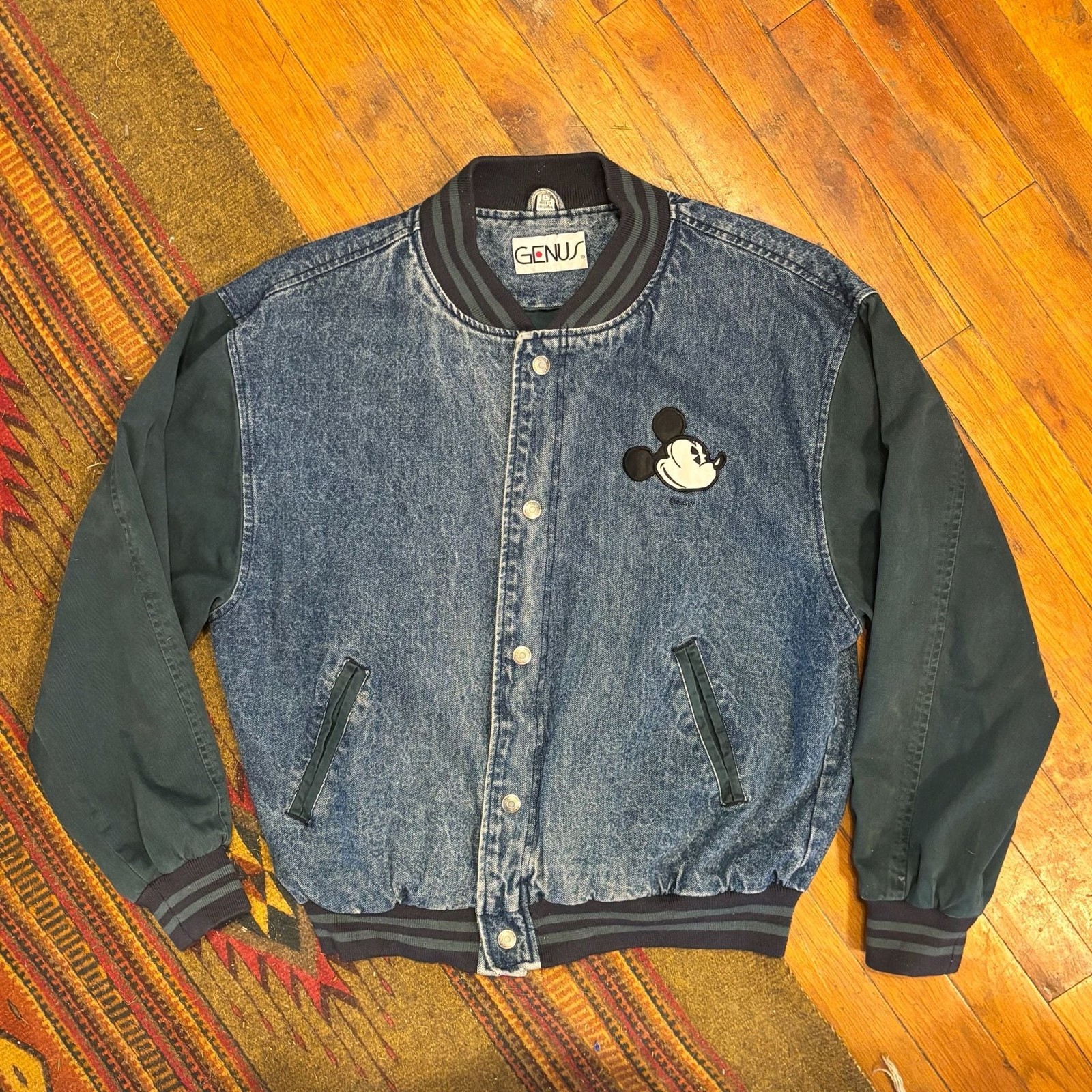Vintage 90s Genus Disney Mickey Mouse Denim Varsity Jacket Blue Green