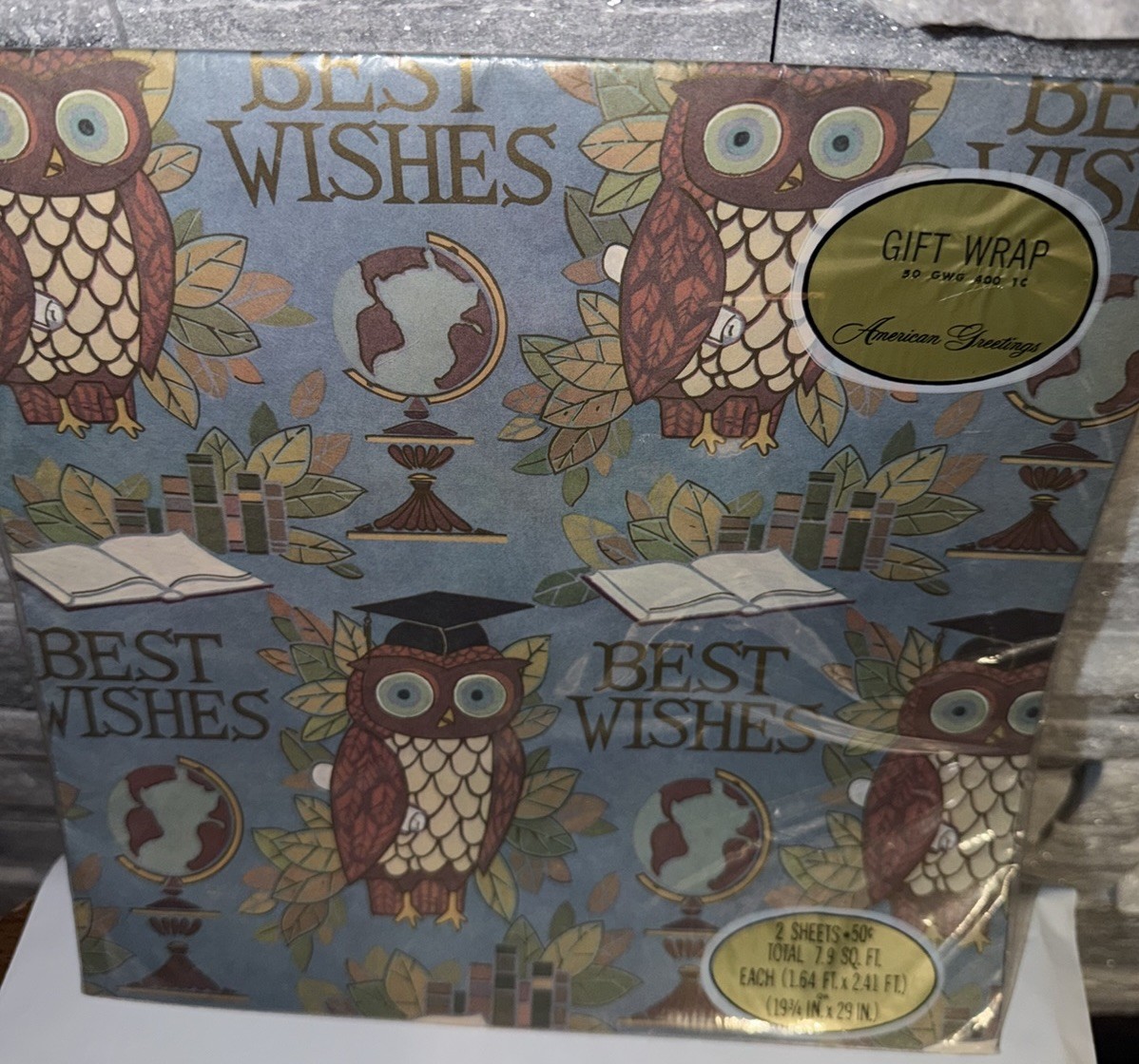 Vintage american greetings owl wrapping paper Best Wishes 2 sheets 7.9 sq. feet