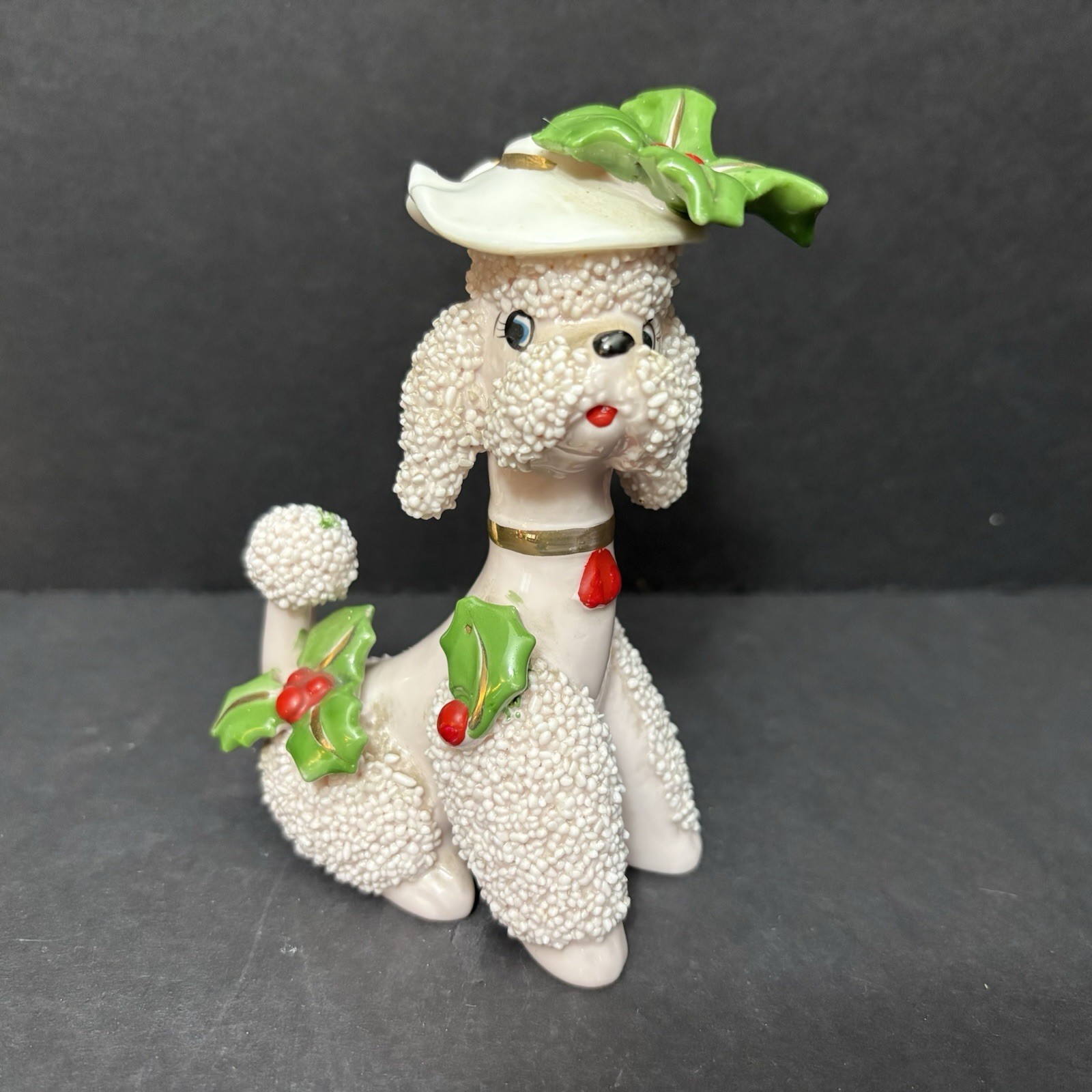 Vtg 50s 60s Napco Spaghetti Holly Leaf Hat Pink Poodle Christmas Figurine Japan