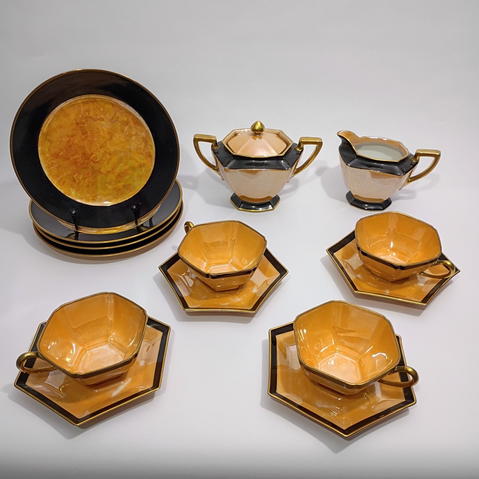 Early Noritake Lusterware Art Deco Morimura Hand Painted Tea Set Gilded 14 Piece