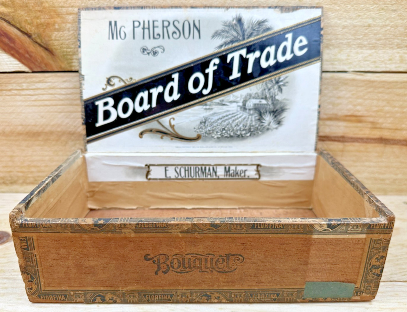 Early 1900's Vtg Antique McPherson Board of Trade Wood Cigar Box Holyrood Kansas