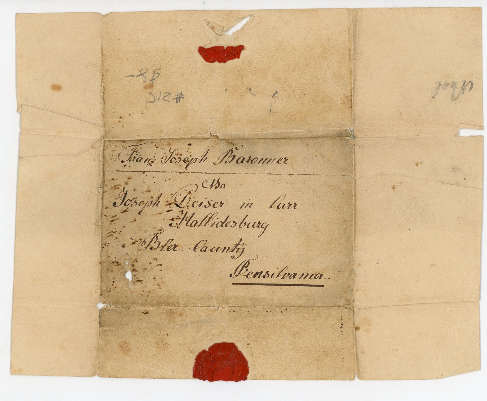 Early 19th Century Folded Stampless Cover w/ Wax Seal Pennsylvania German Script