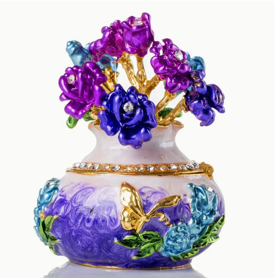 MINIATURE-Trinket Box Hand-Painted Rose Flower Figurine Rhinestone Accents