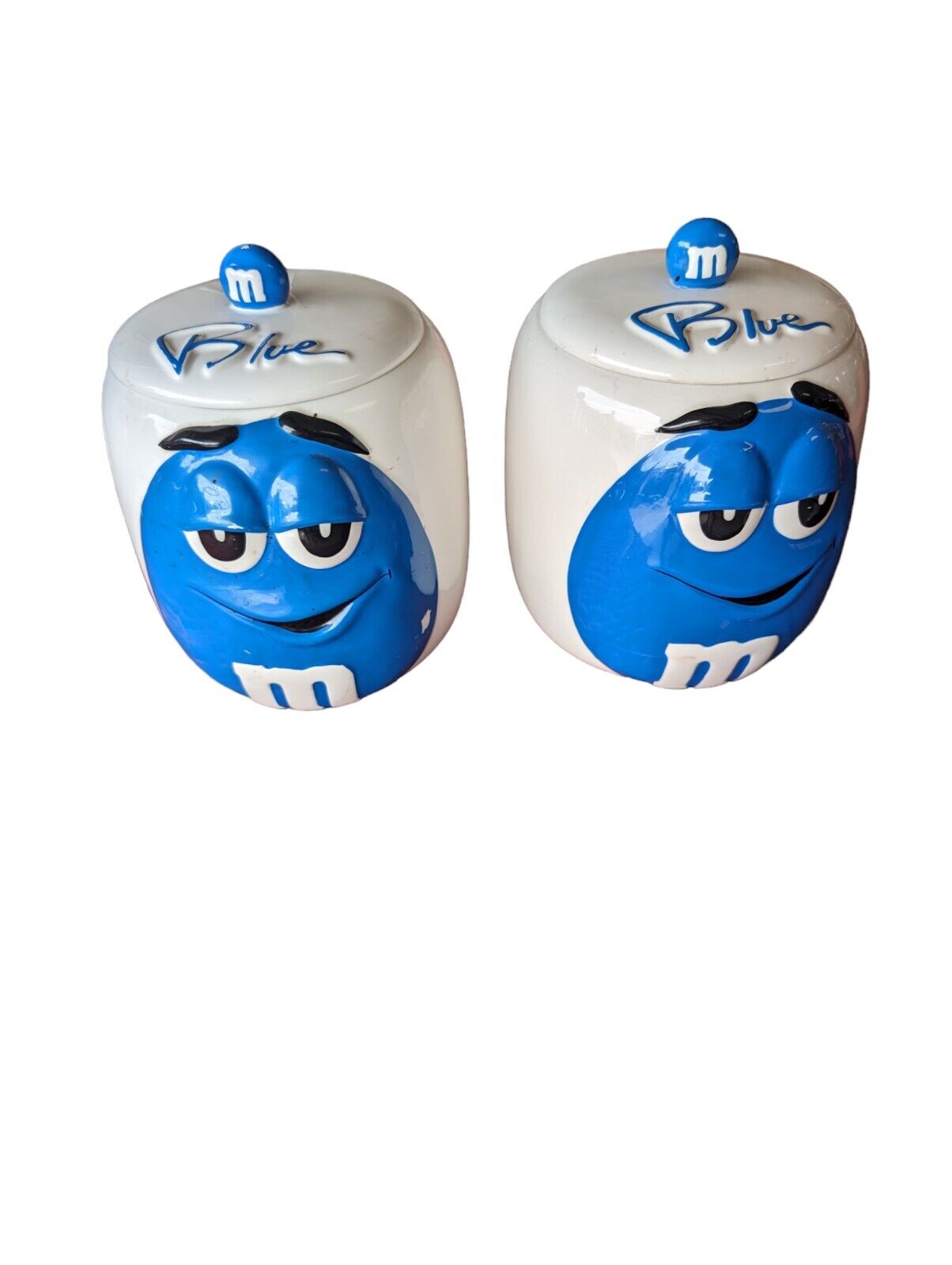2 M&M\'s Ceramic Candy Cookie Jars with Lid Canisters Blue Galerie 2003