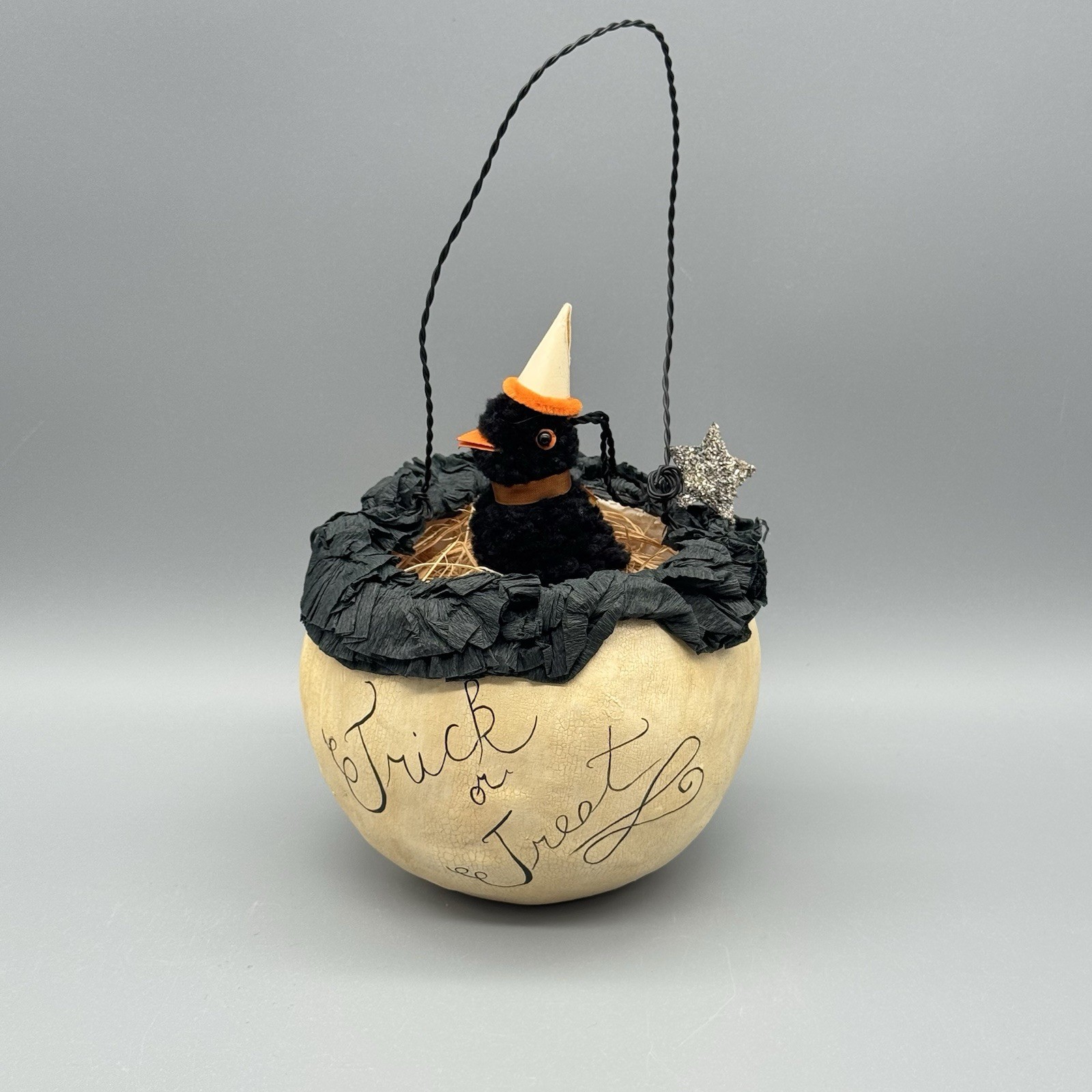 Vtg 2005 Nicol Sayre Halloween Trick or Treat Bucket Gourd Ornament Crow Bird