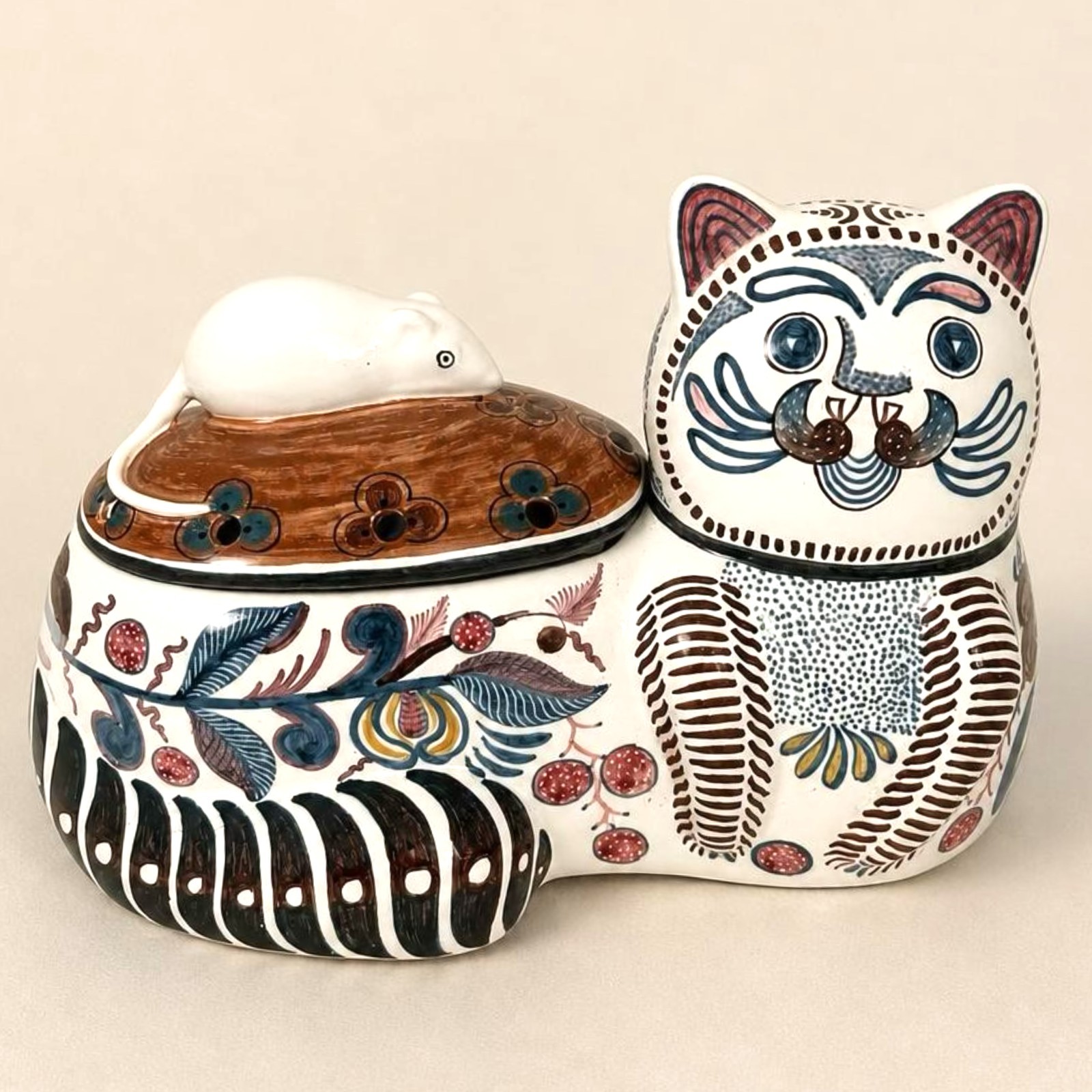 Vtg Estrela De Conimbriga Portuguese Cat Mouse Pottery Potpourri Cookie Jar Folk