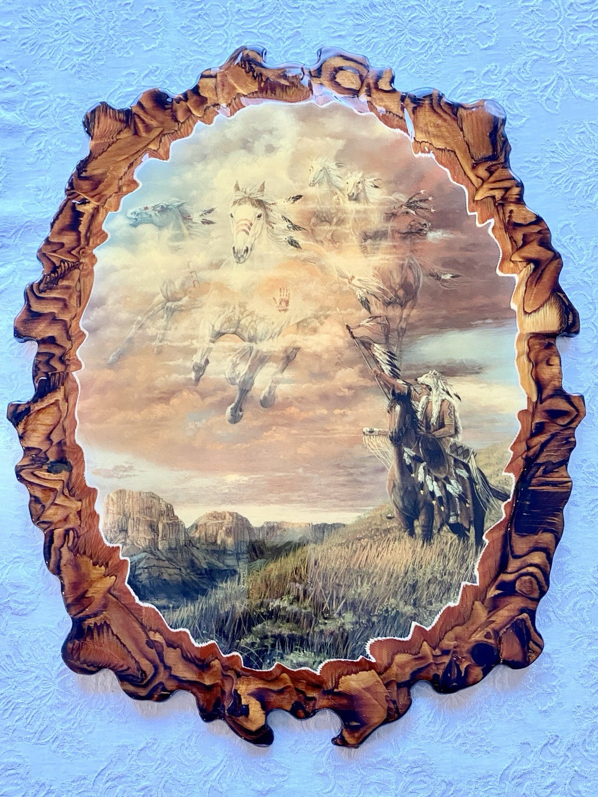 Vintage Horse Picture Shellac Decoupage Wood Large Wall Hanging Native American