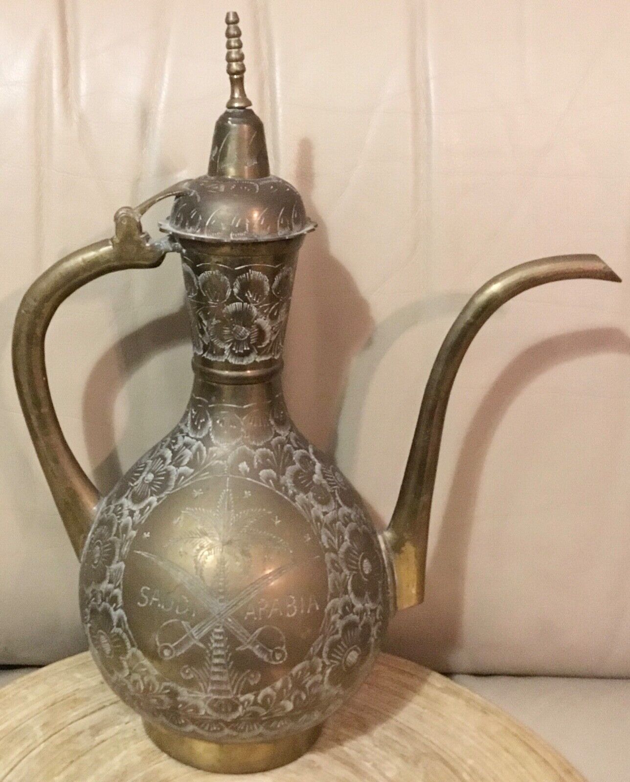 Vintage Intricate Engraved Saudi Arabian Handcrafted Brass Tea Coffee Pitcher