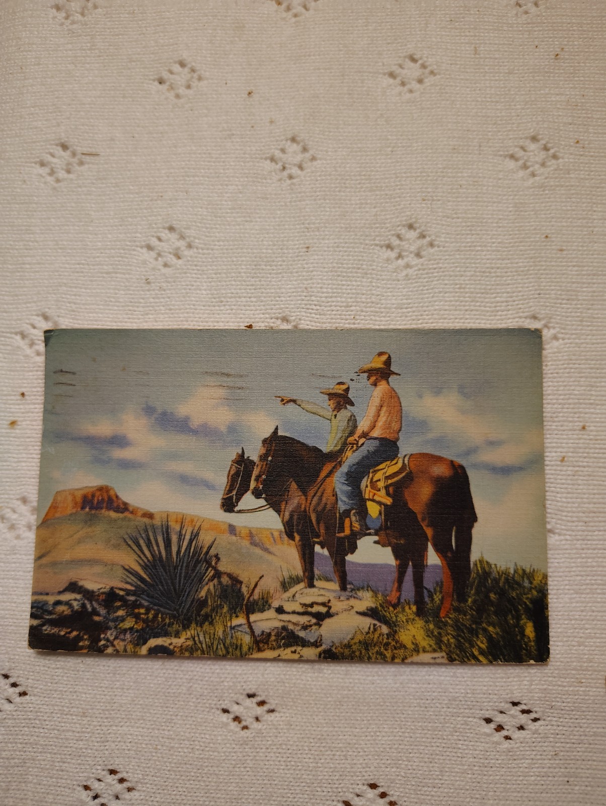 2 cowboys on horse back in Southwest vtg 1941 linen Postcards 2 cowboys on horse back in Southwest vtg 1941 linen Postcards