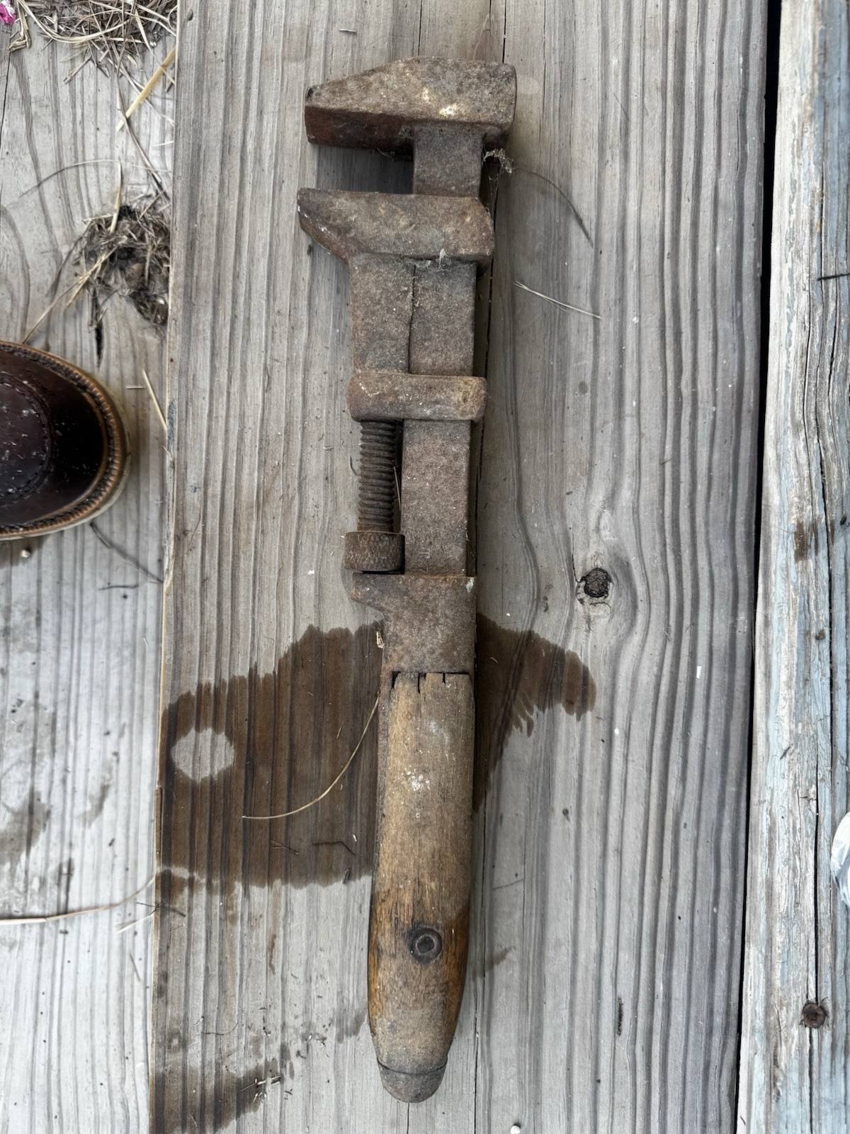 Antique PS&W Co Solid Bar Monkey Wrench Wood Handle Large Forged 15\