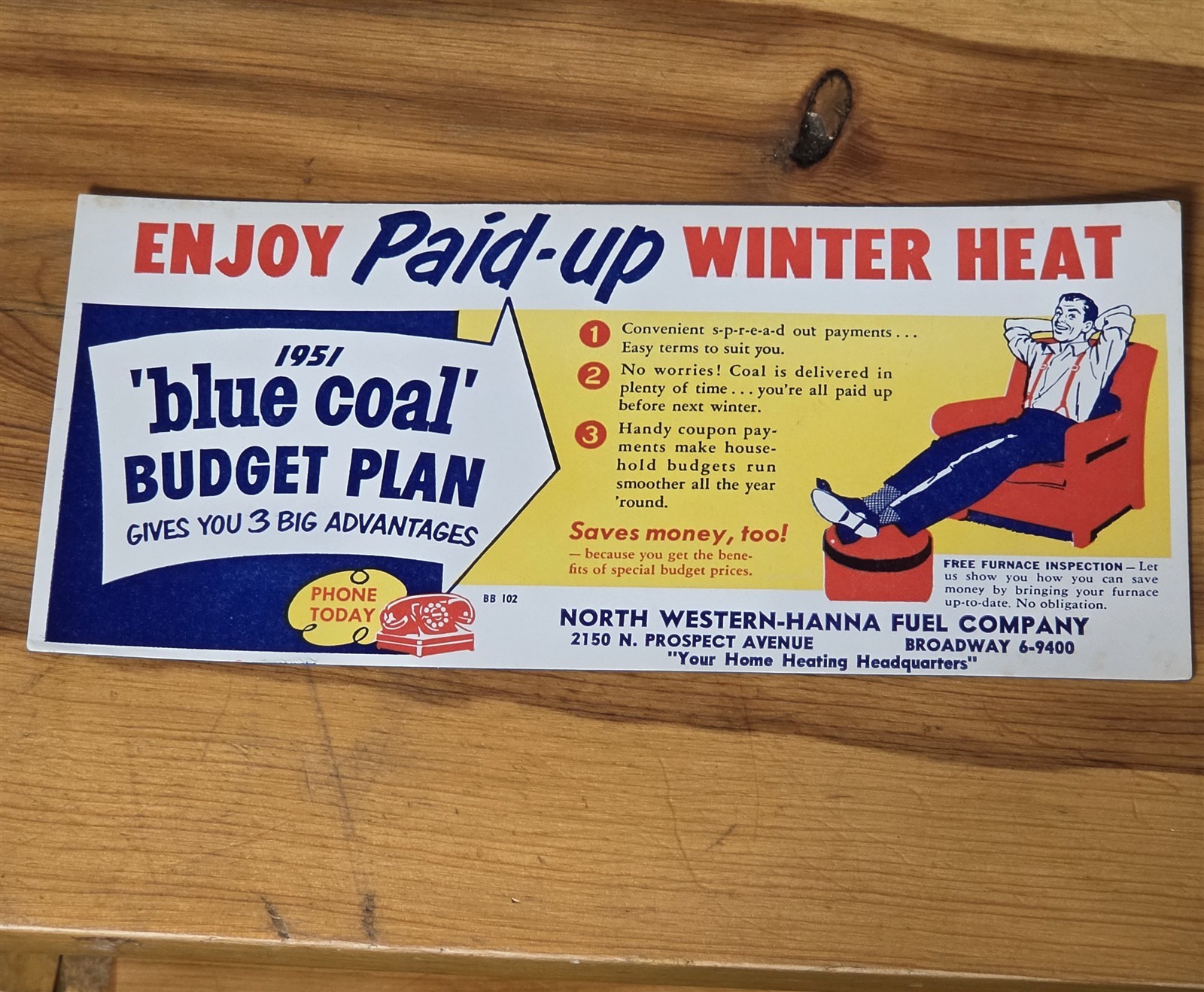 1951 PAPER INK BLOTTER NORTH WESTERN-HANNA FUEL CO MILWAUKEE WISCONSIN BLUE COAL