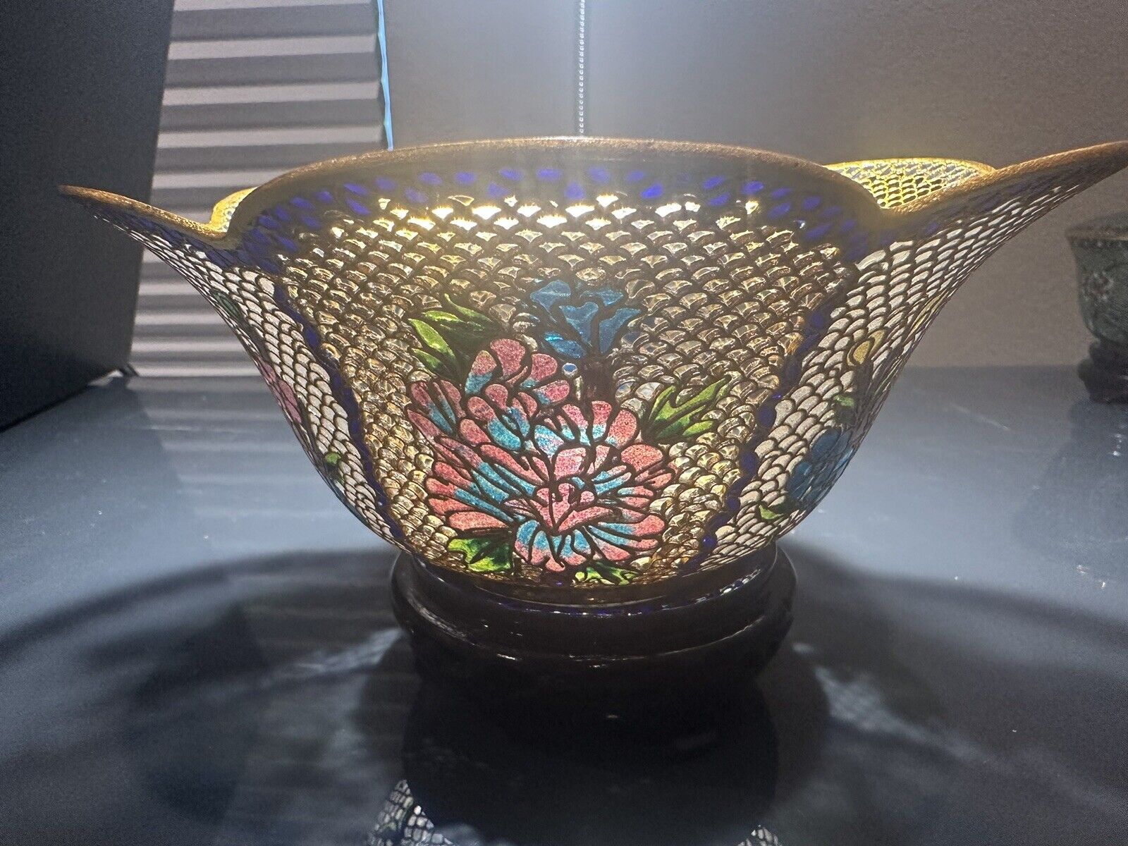 Vtg Chinese PLIQUE A JOUR Translucent Pierced Cut Out Bowl Flowers 7.25x4 Inches