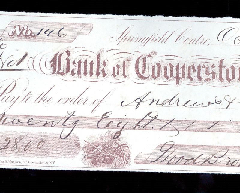1866 antique CHECK BANK OF COOPERSTOWN springfield center ny WOOD BROS.