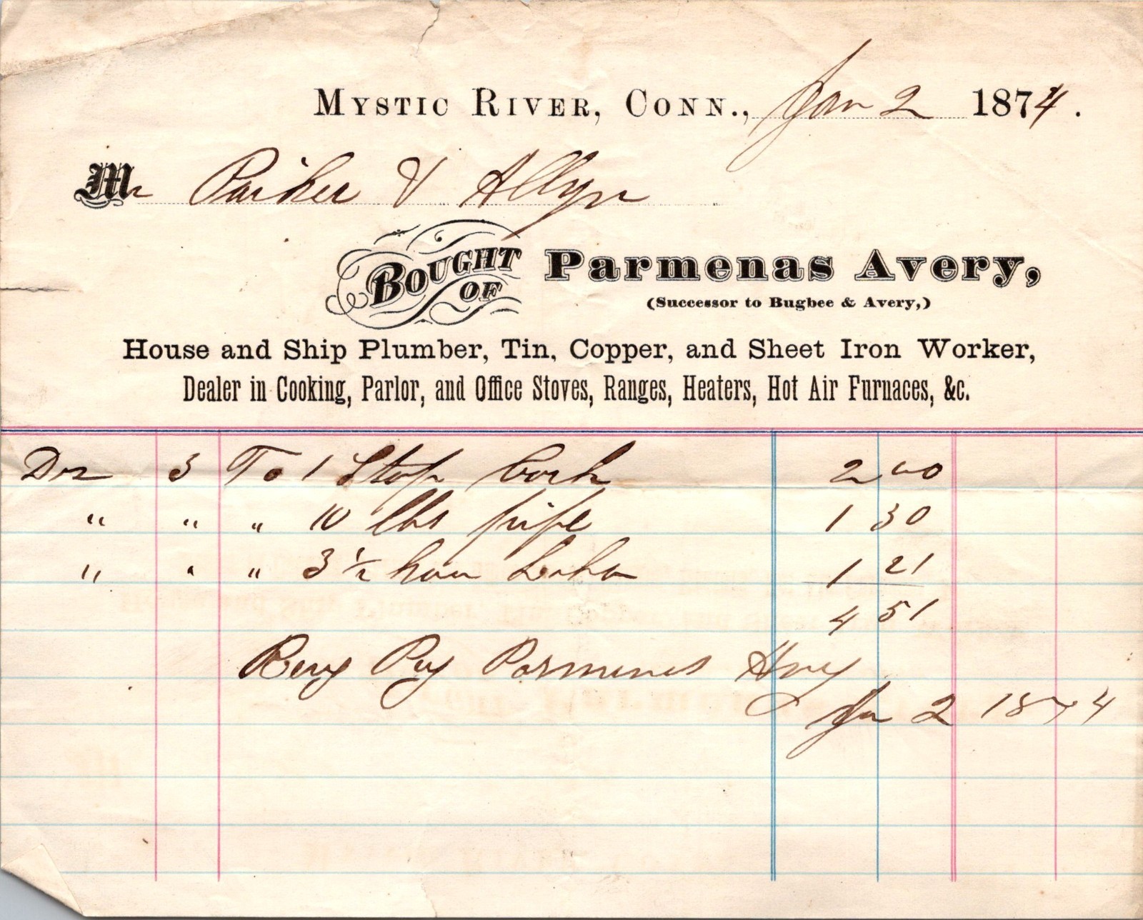 Parmenas Avery 1874 Parker V Allyn Mystic River CT Antique Letterhead TB11