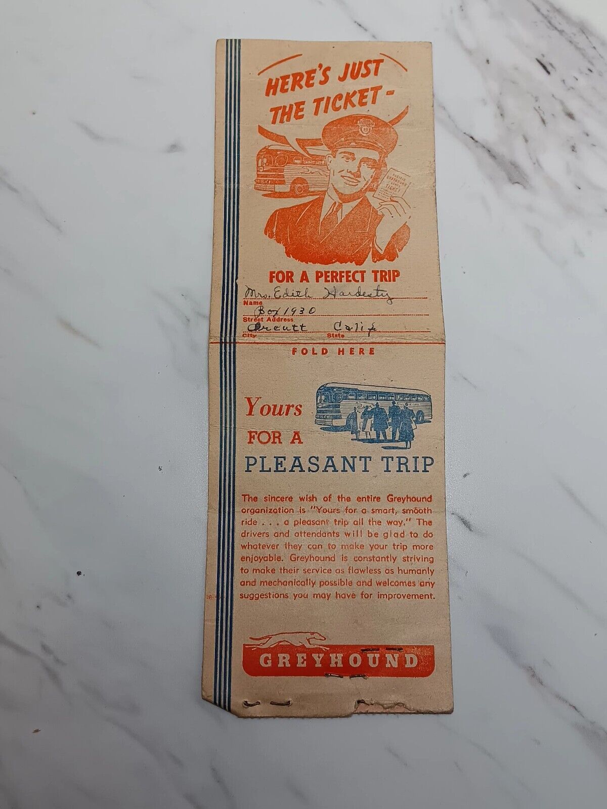 Rare Vintage Original 1940s Greyhound Bus Ticket Folder w/ 2 Stubs. 