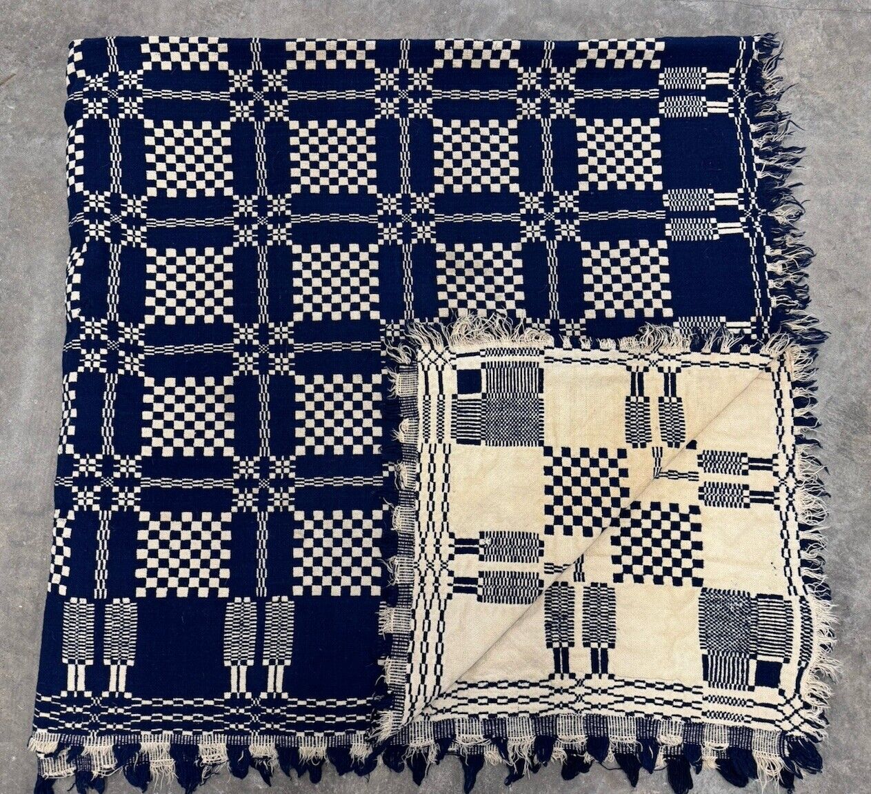 Antique Mid-1800s Jacquard Coverlet Blanket Hand Loomed Indigo Blue Wool 2 Sided