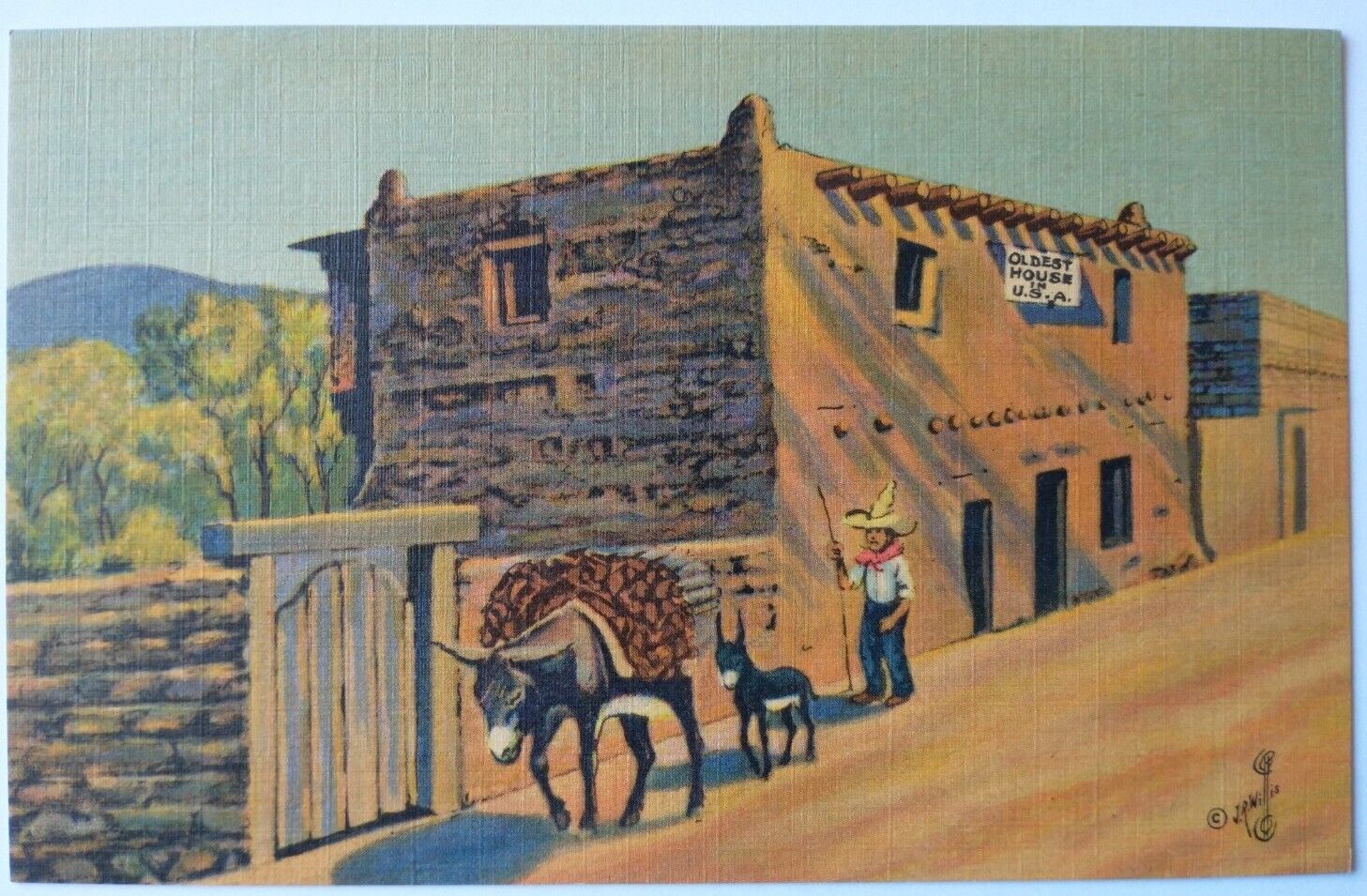 Oldest House in the US Santa Fe NM New Mexico Donkey Man Linen Postcard