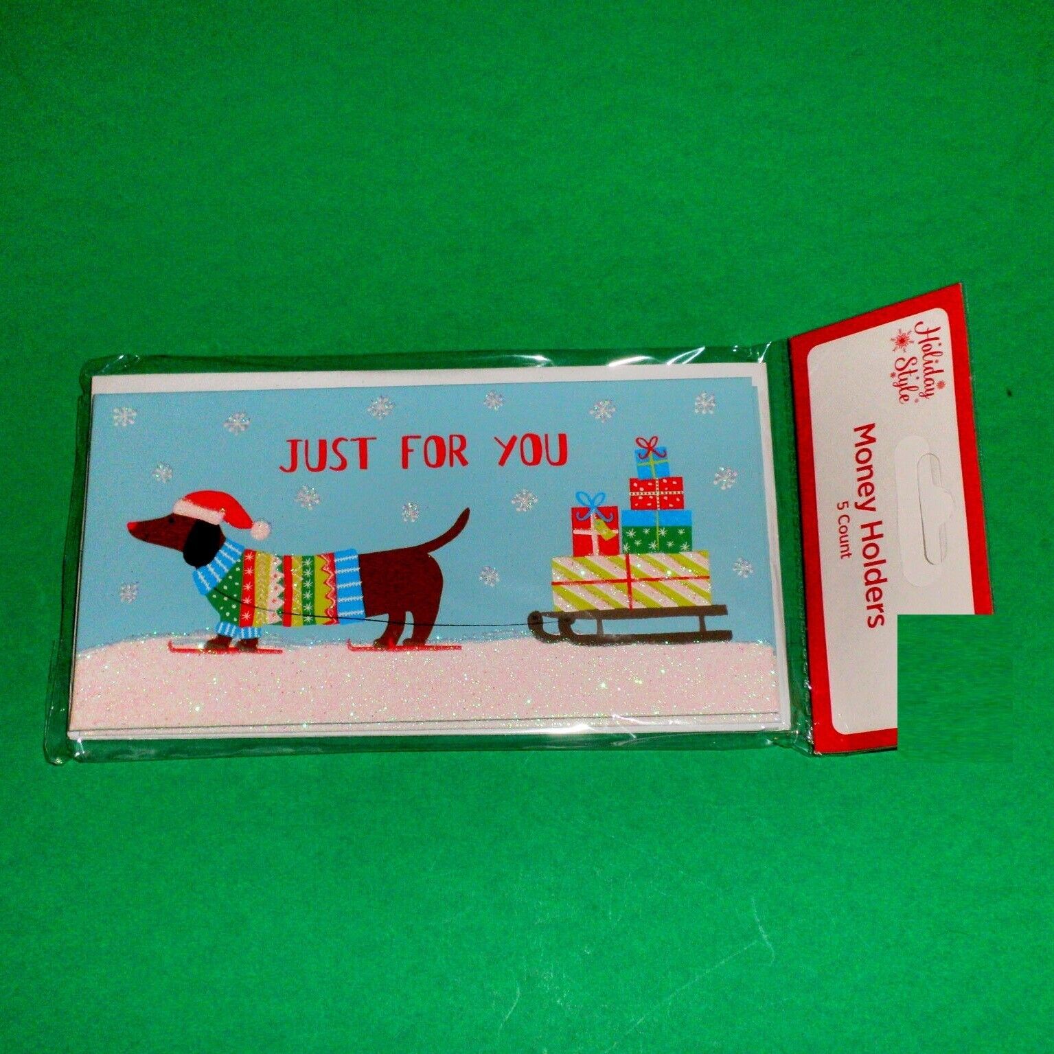 Pack of 5 Dachshund & Sled Just For You Christmas Cards with Money Holder Pocket
