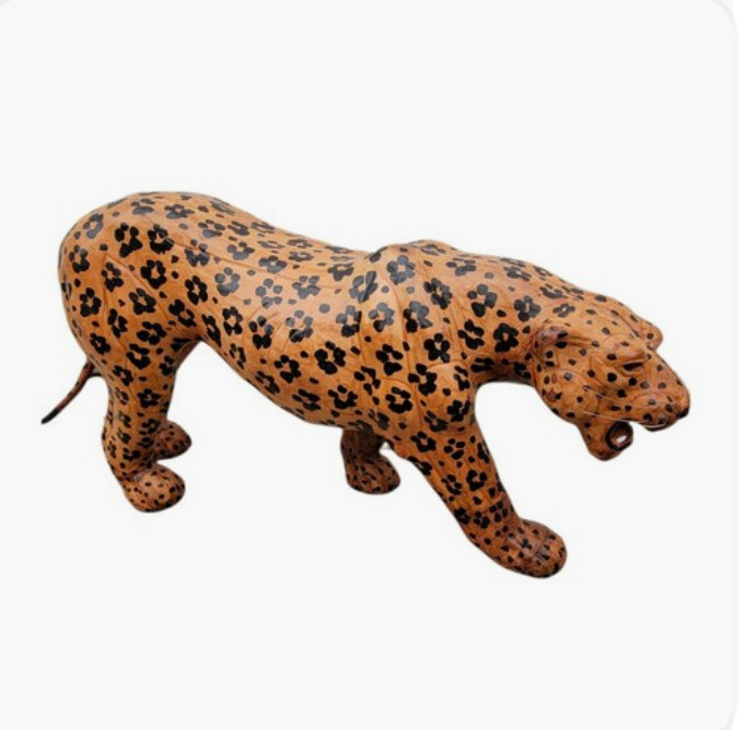 Beautiful Vintage Genuine Leather Wrapped LARGE Leopard Figure 34