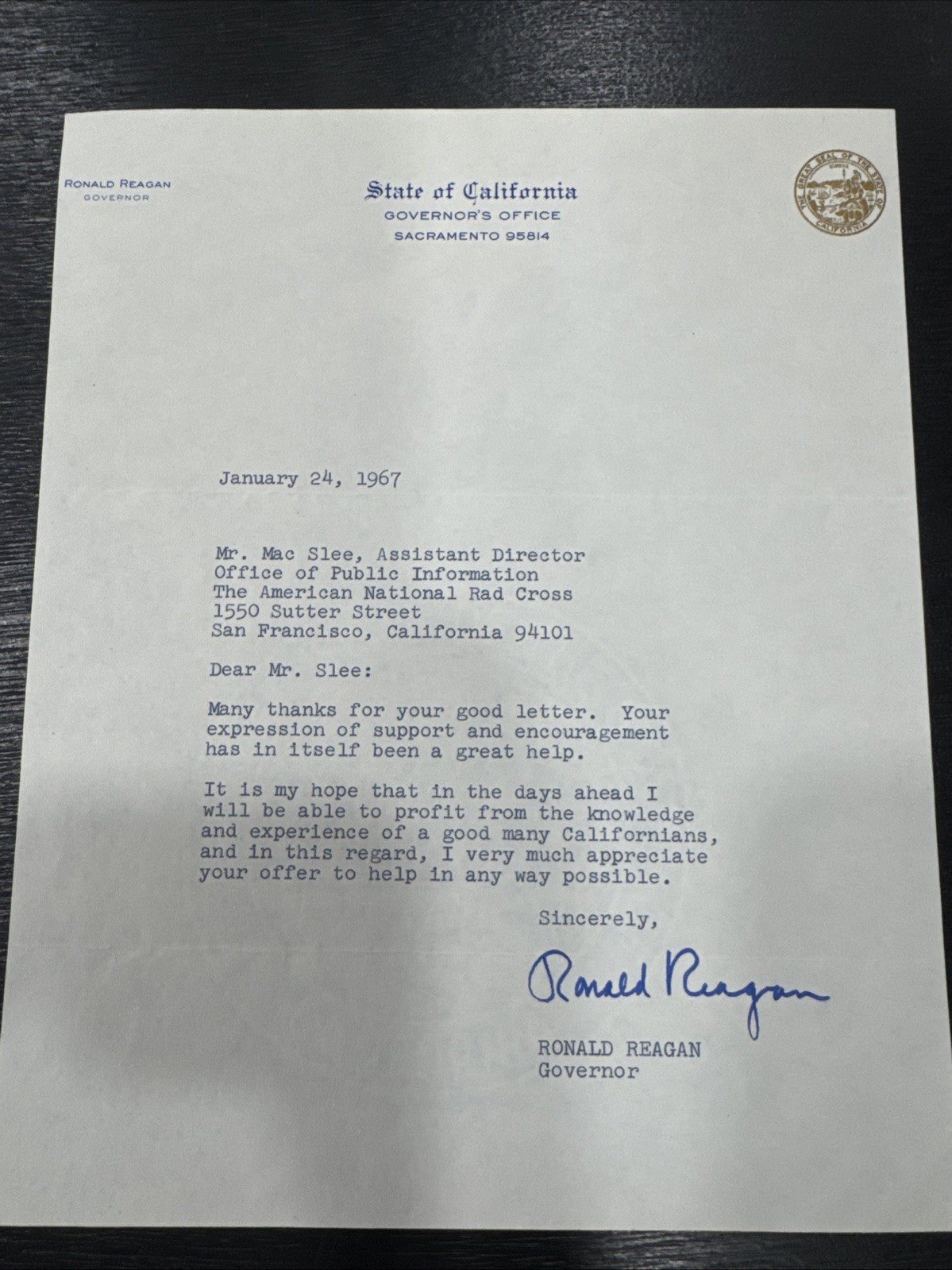 President Ronald Reagan California governor signed 1967 letter