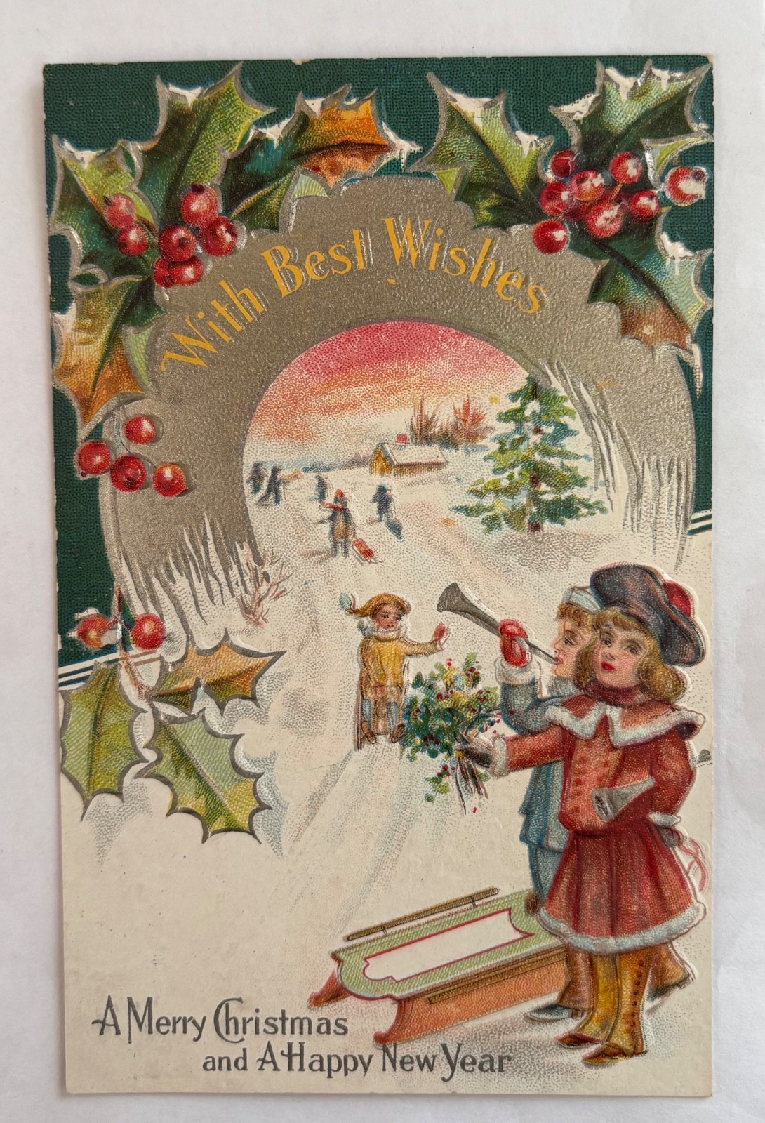 Antique Postcard Merry Christmas Happy New Year Posted 1909 Children Snow Scene