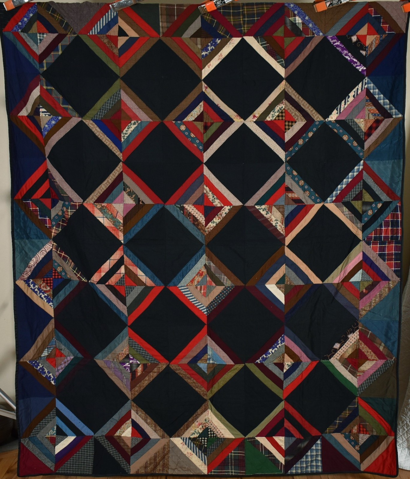 VIBRANT Vintage 1910's Wool Hourglass Antique Quilt ~Nice Black Background