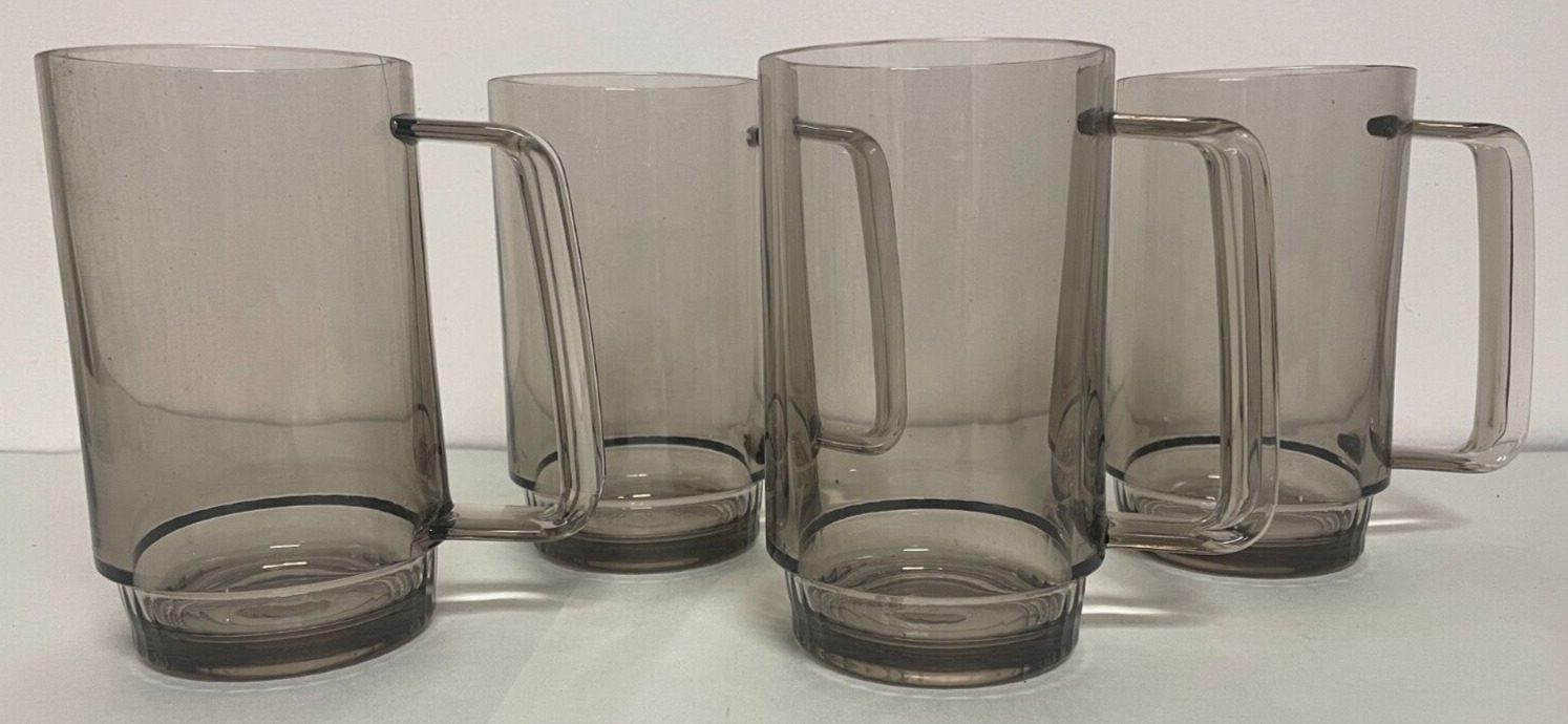 VTG Tupperware Set of 4 Preludio Smoky Grey Acrylic 16 oz Mugs With Handles