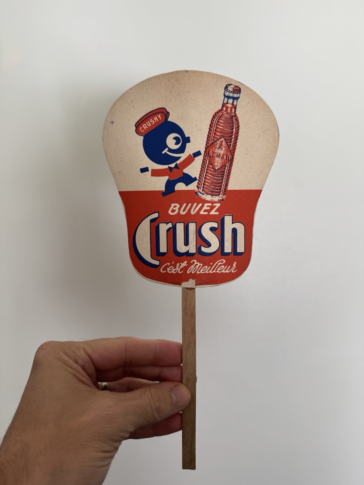 Vintage French Canadian Orange Crush Hand Fan Crushy Soda Advertising Paper Sign
