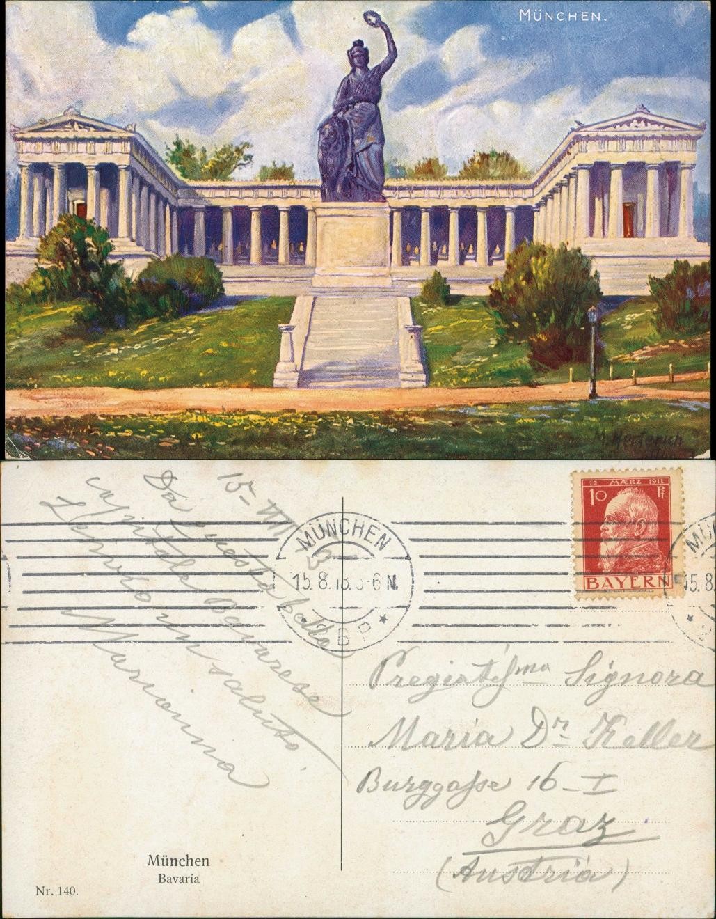 Ludwigsvorstadt-Munich Bavaria with Hall of Fame, Monument, Munich Postcard 1918 Ludwigsvorstadt-Munich Bavaria with Hall of Fame, Monument, Munich Postcard 1918