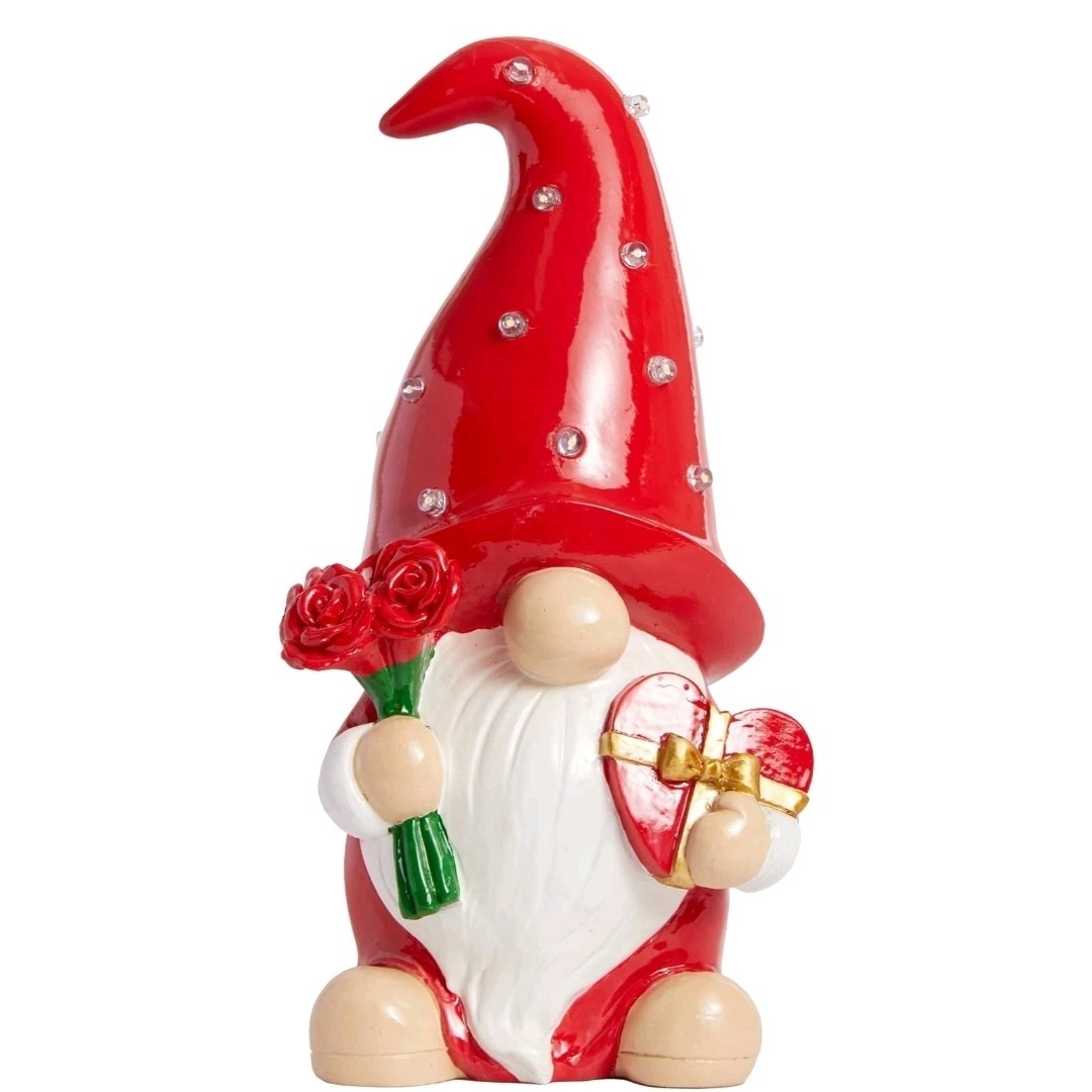 Valentine's Day Decoration, Lighted Gnome Figurine, Red & White Valentine Gnome