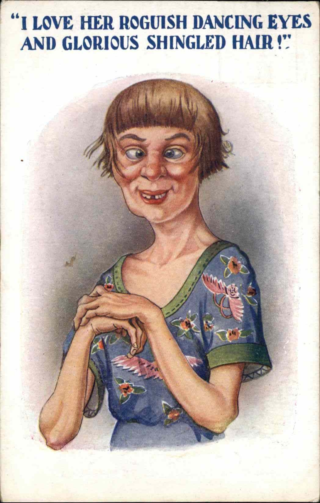 Vintage Postcard BEAUTY SATIRE Sarcasm Cross-Eyed Woman Shingled Hair