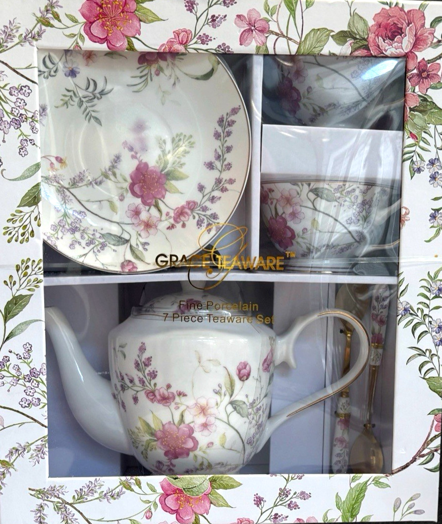 Beautiful Grace Teaware - Pink Camellia - Pattern Fine Porcelain 7 Piece Tea Set