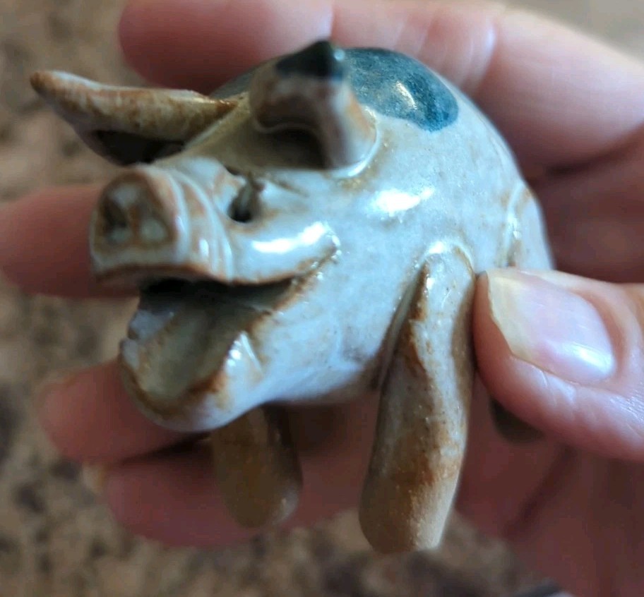 Vintage Artisan Pottery Pig - Blue Polka Dot Glazed Whimsical Piggy Decor