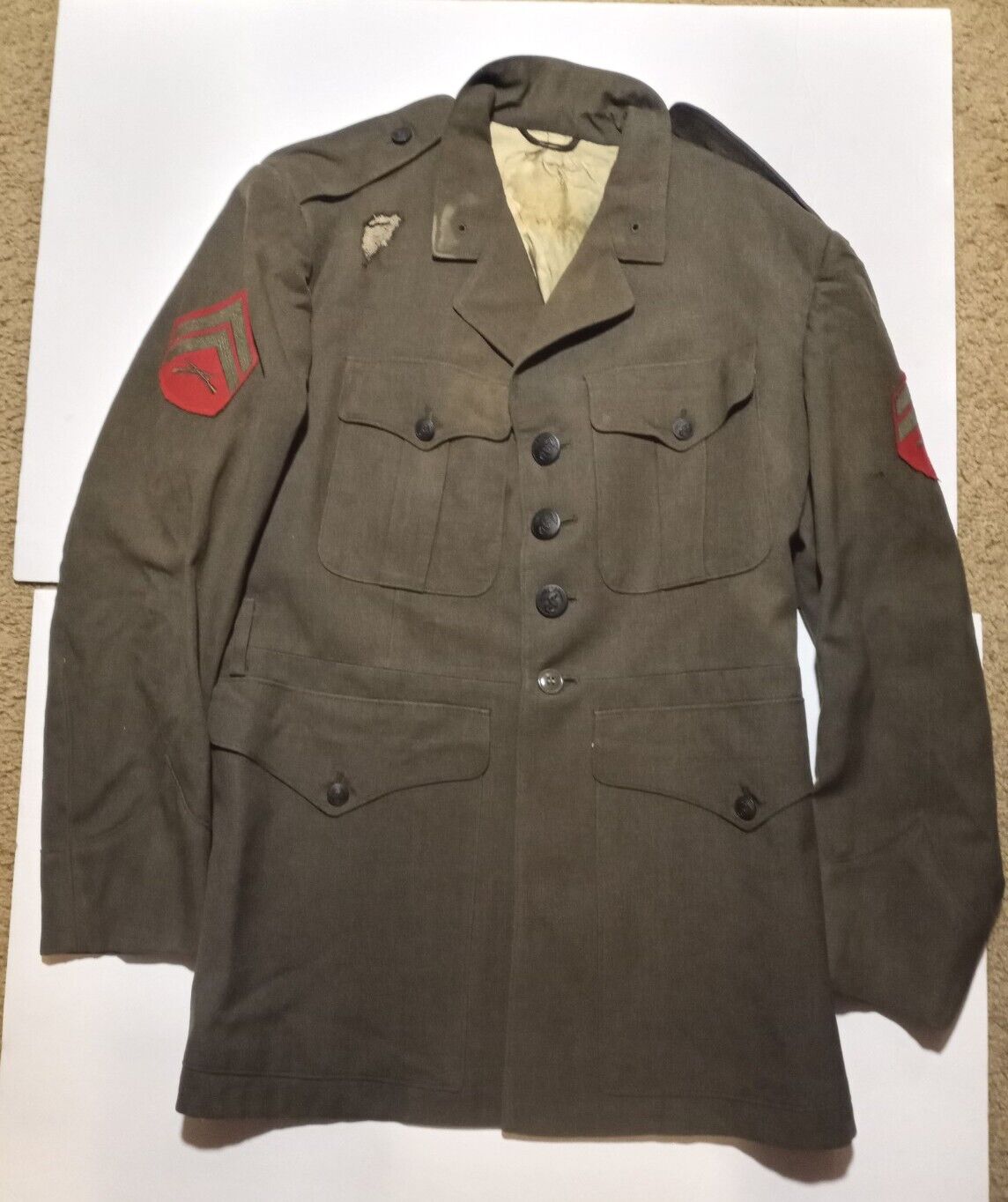 Vintage USMC Men's Green Coat Service Uniform E-4 w/Corporal Chevron Unknown Sz 