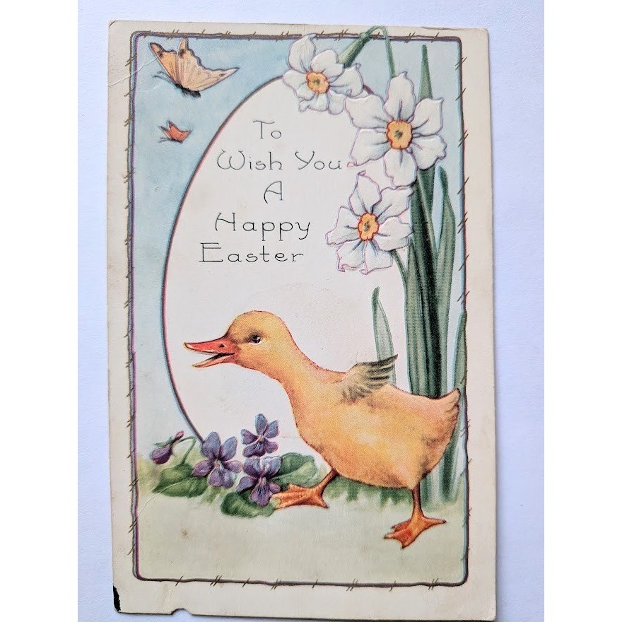 Vintage Easter Postcard Baby Duck Flowers Holiday Antique Embossed Whitney Made