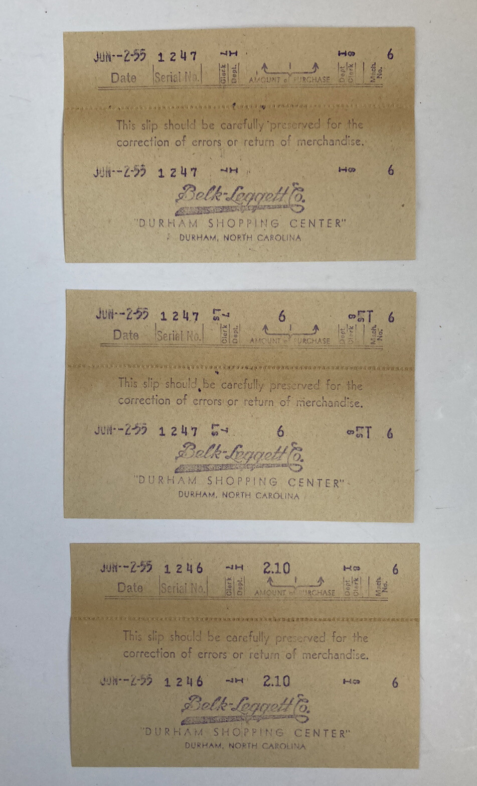 vtg Belk Leggett Co 1955 shopping receipts Durham NC department store ephemera  