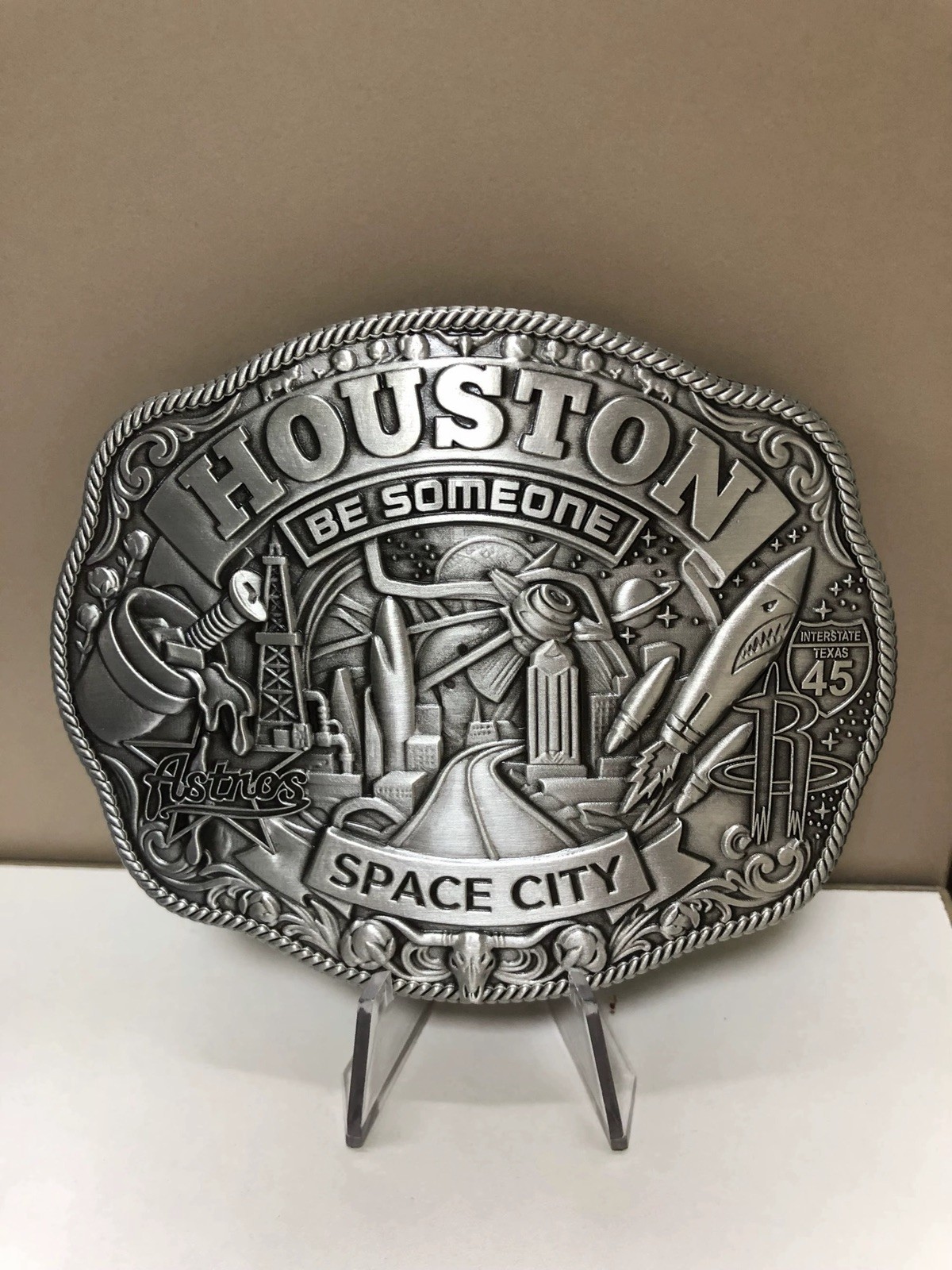 Houston Western Belt Buckle Custom Made Be Someone 4 1/2 x 3 1/2 