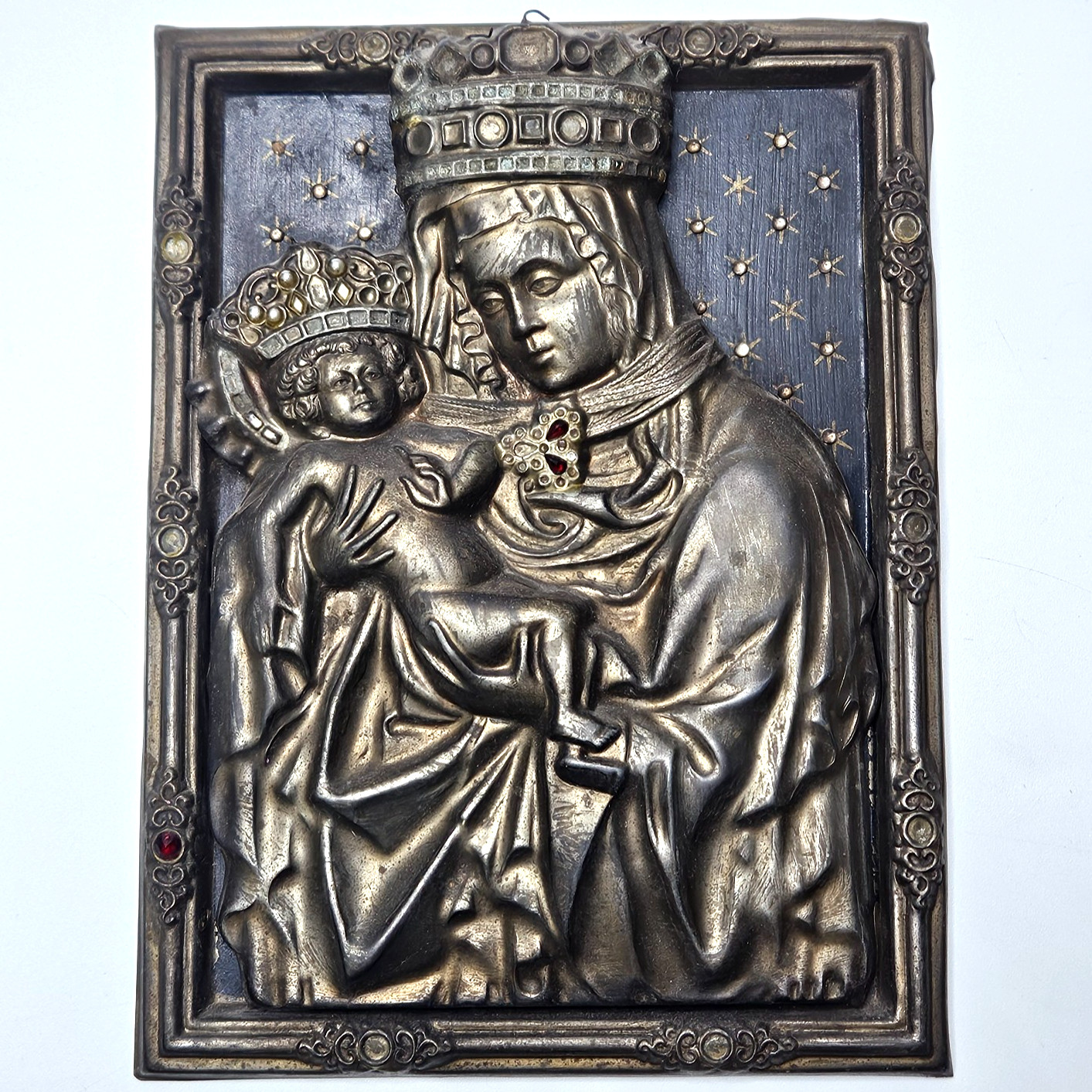 Antique 19th C. Russian Orthodox Icon of the Virgin & Child Brass 8.5x6.5 in