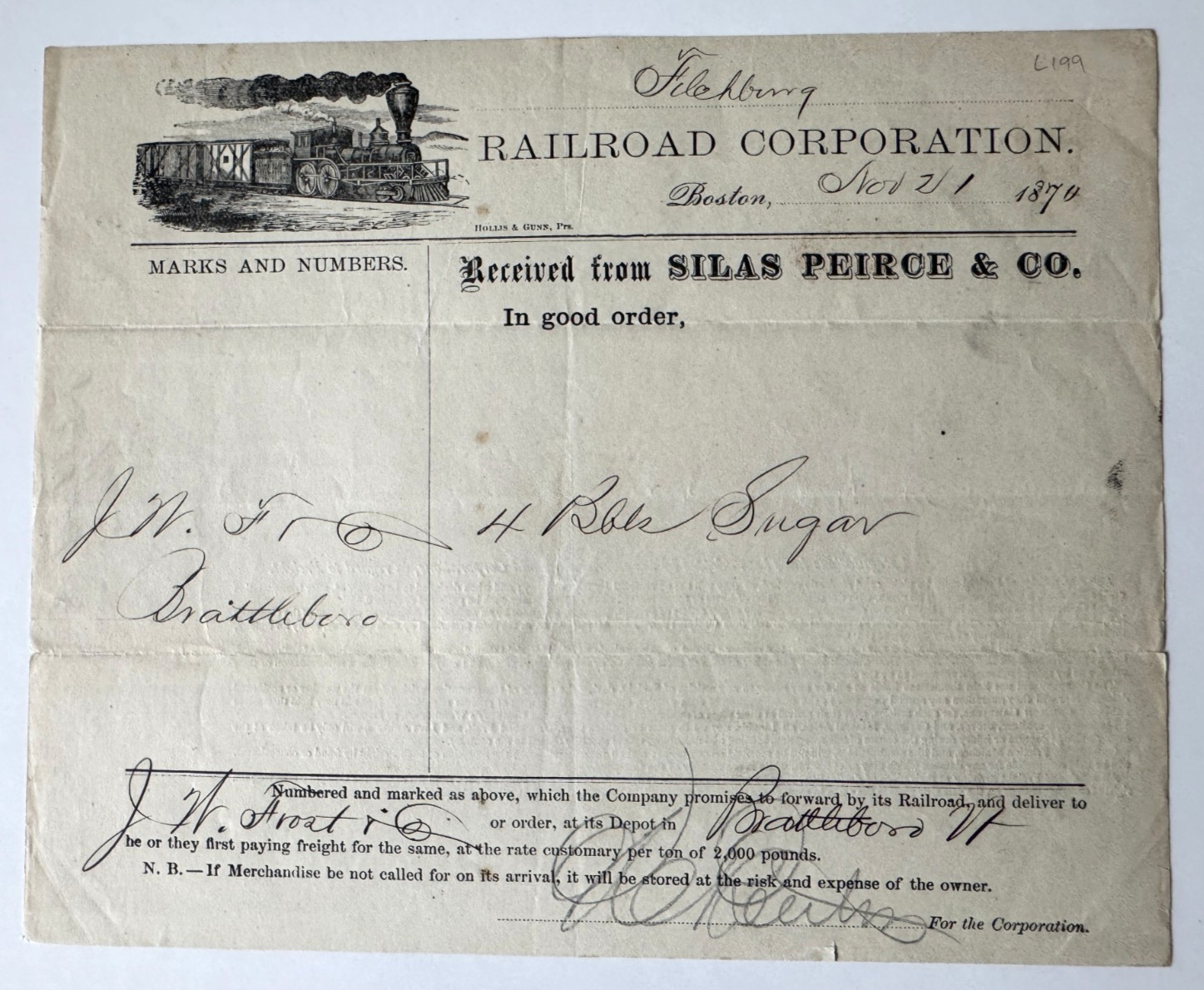 Vtg 1870 Boston MA Silas Pierce Fitchburg RR Freight Receipt Railroad Vignette