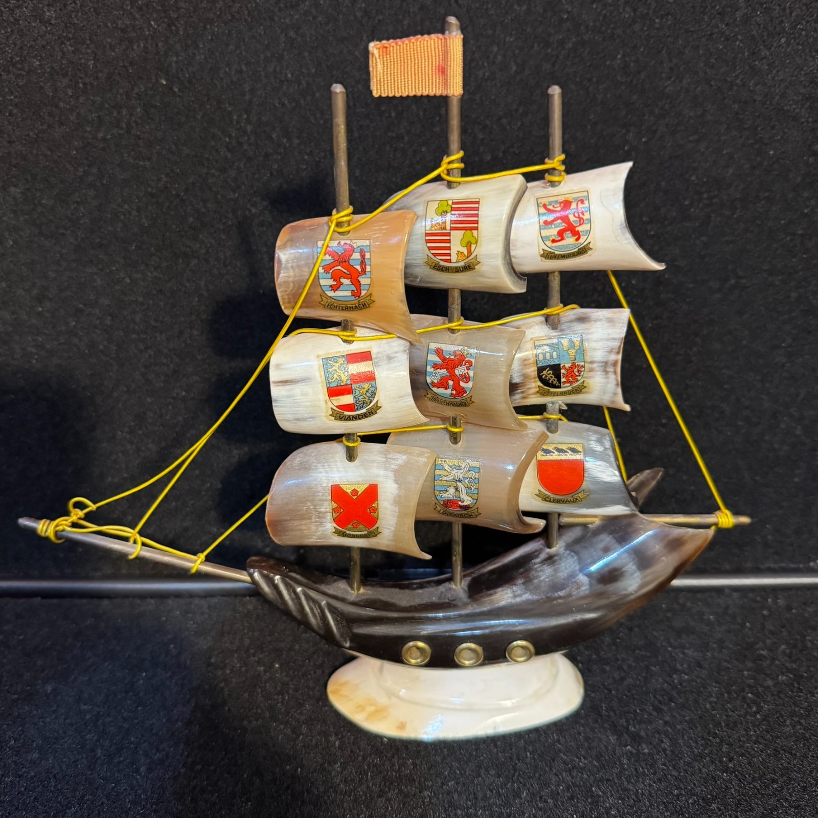 Vintage Hand Carved Horn Sailing Ship Model Luxembourg Crests Nautical Decor